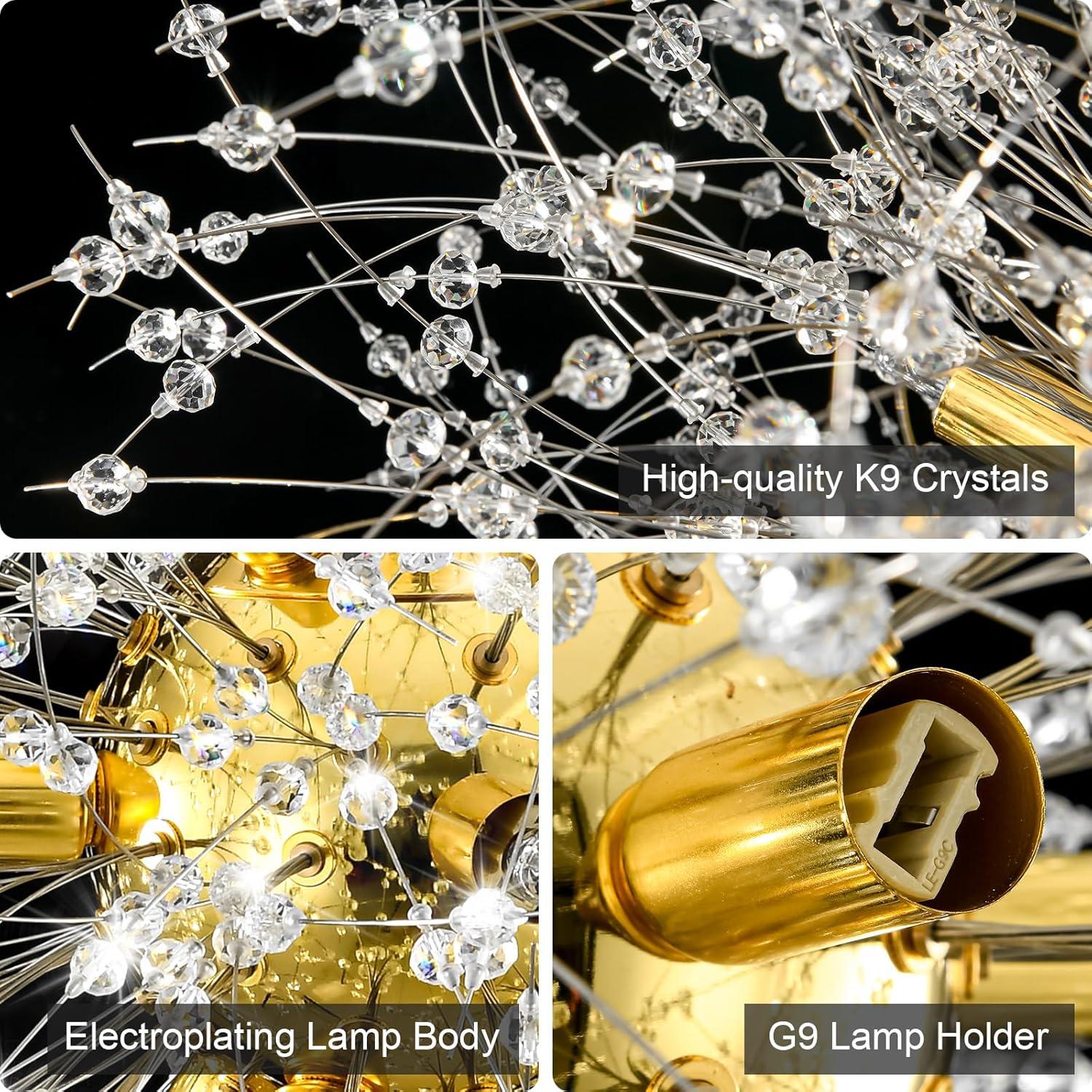 Mercer41 Modern Gold Crystal Chandelier With 12-Light Firework Design, Adjustable Dandelion Pendant Lighting For Dining Room, Living Room, Bedroom, Kitchen, And Hallway