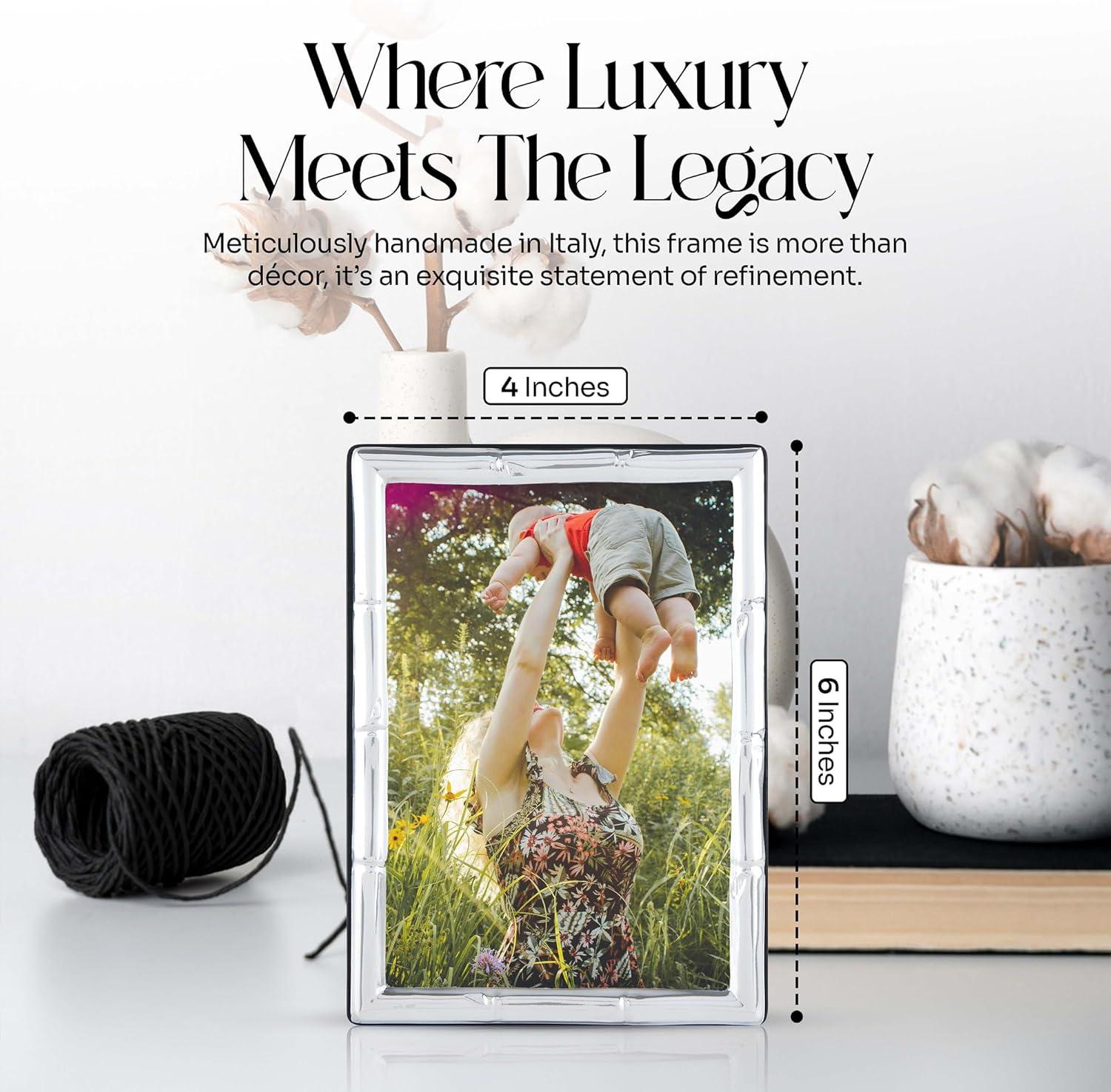 Bamboo Sterling Silver Picture Frames - Handmade in Italy, Tarnish-free, Silver Picture Frame with Dual Easel for Portrait & Landscape Display, Exceptional Gift for Any Occasion (4X6)