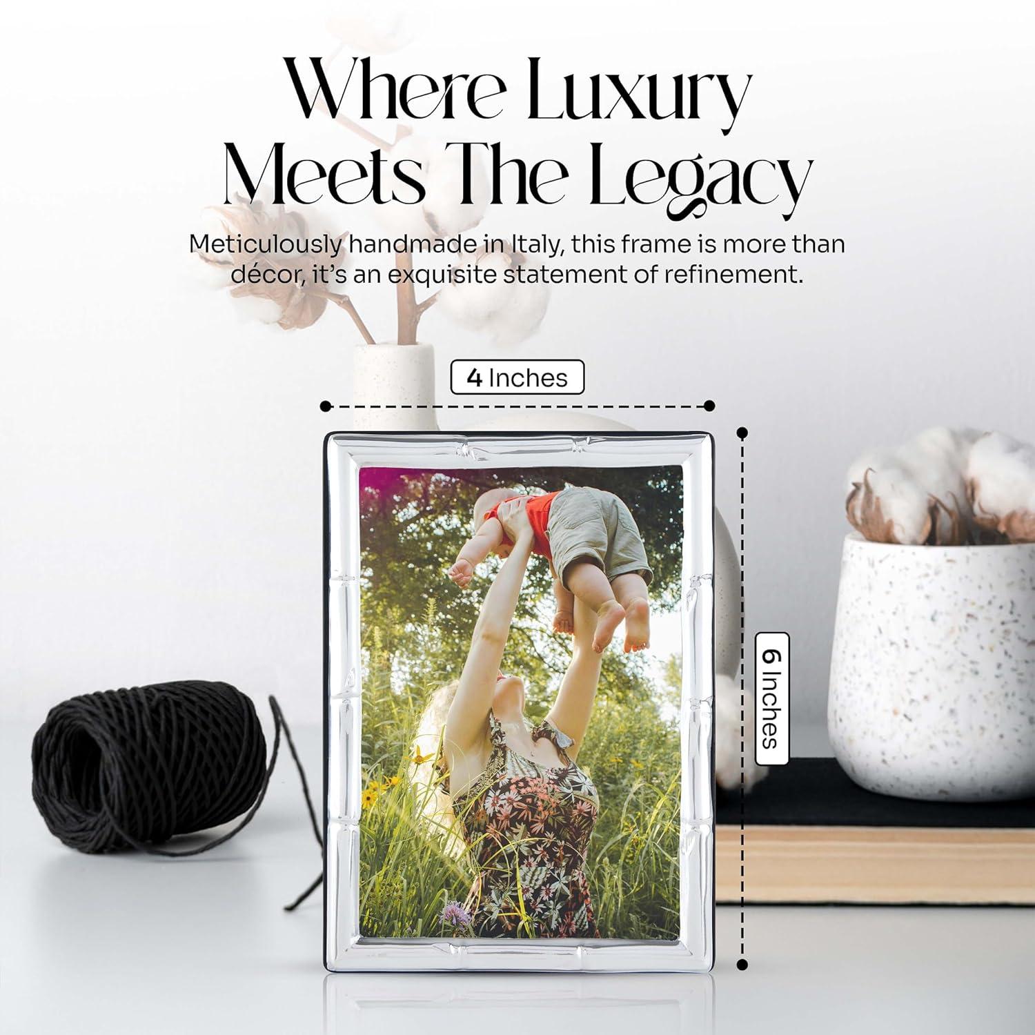 Bamboo Sterling Silver Picture Frames - Handmade in Italy, Tarnish-free, Silver Picture Frame with Dual Easel for Portrait & Landscape Display, Exceptional Gift for Any Occasion (4X6)