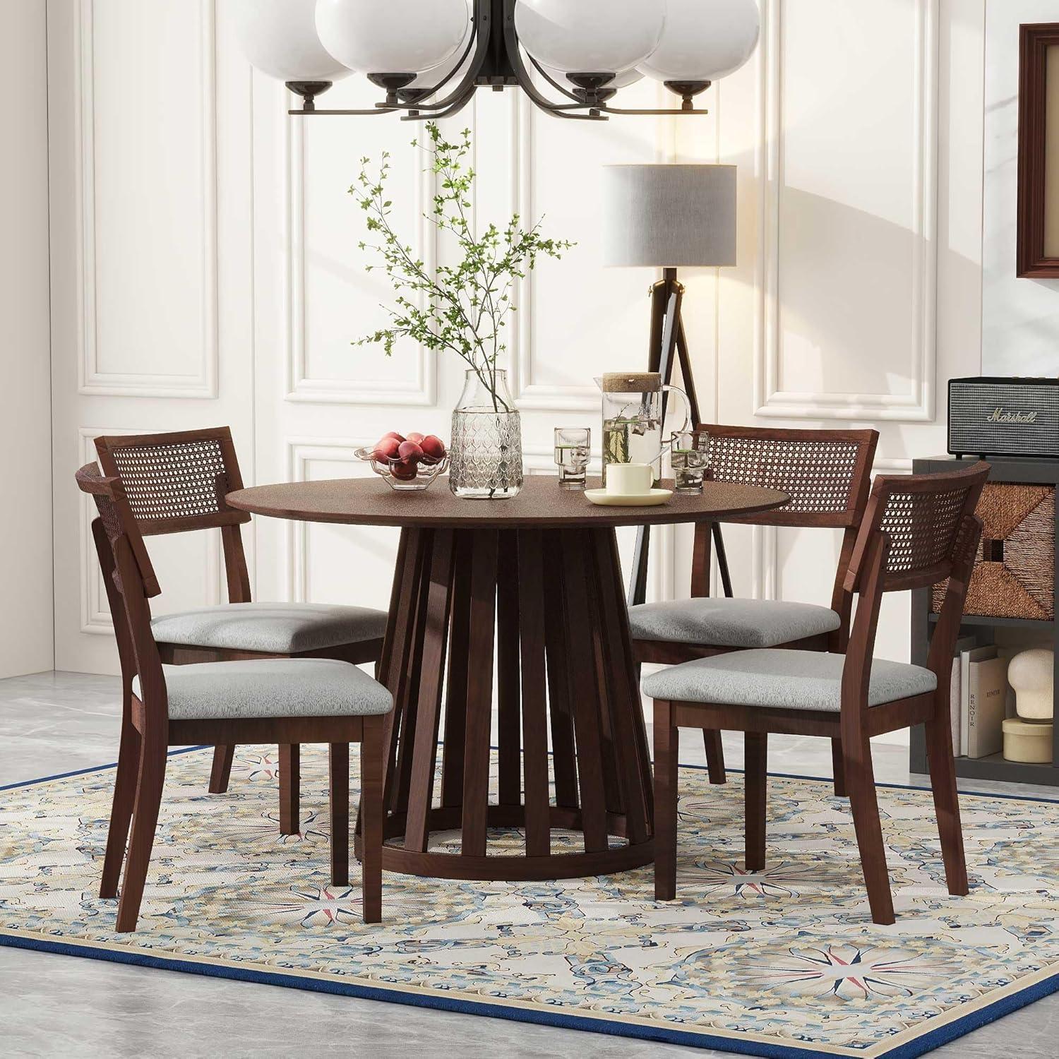 Walnut Round Dining Table Set with Rattan Backrest Chairs