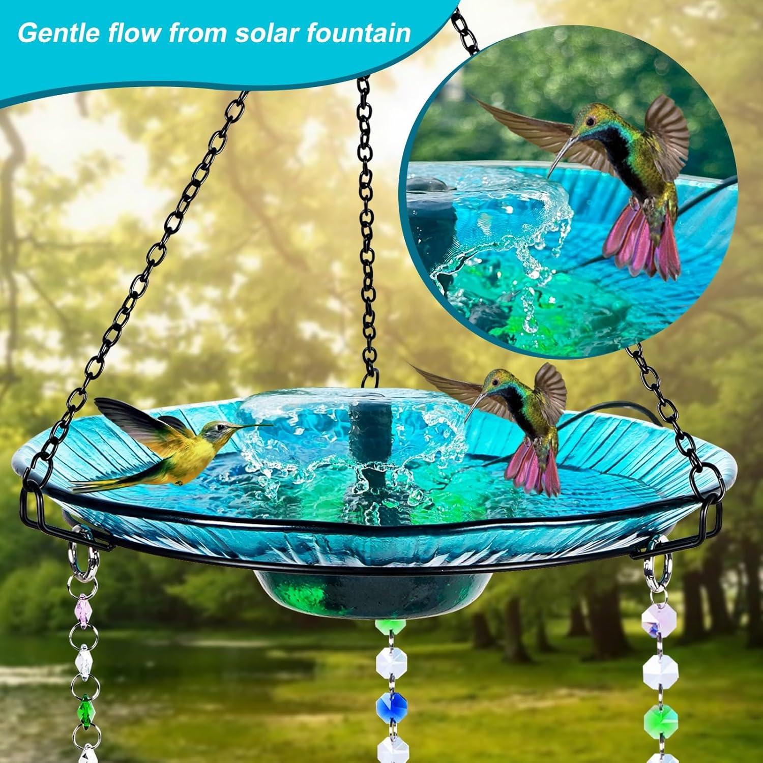Hummingbird Feeder and Bird Bath for Outdoors 2-in-1 for Small Birds - Hummingbird Bath Fountain with 3 Red Feeder Pots - Hanging Solar Bird Bath Fountains