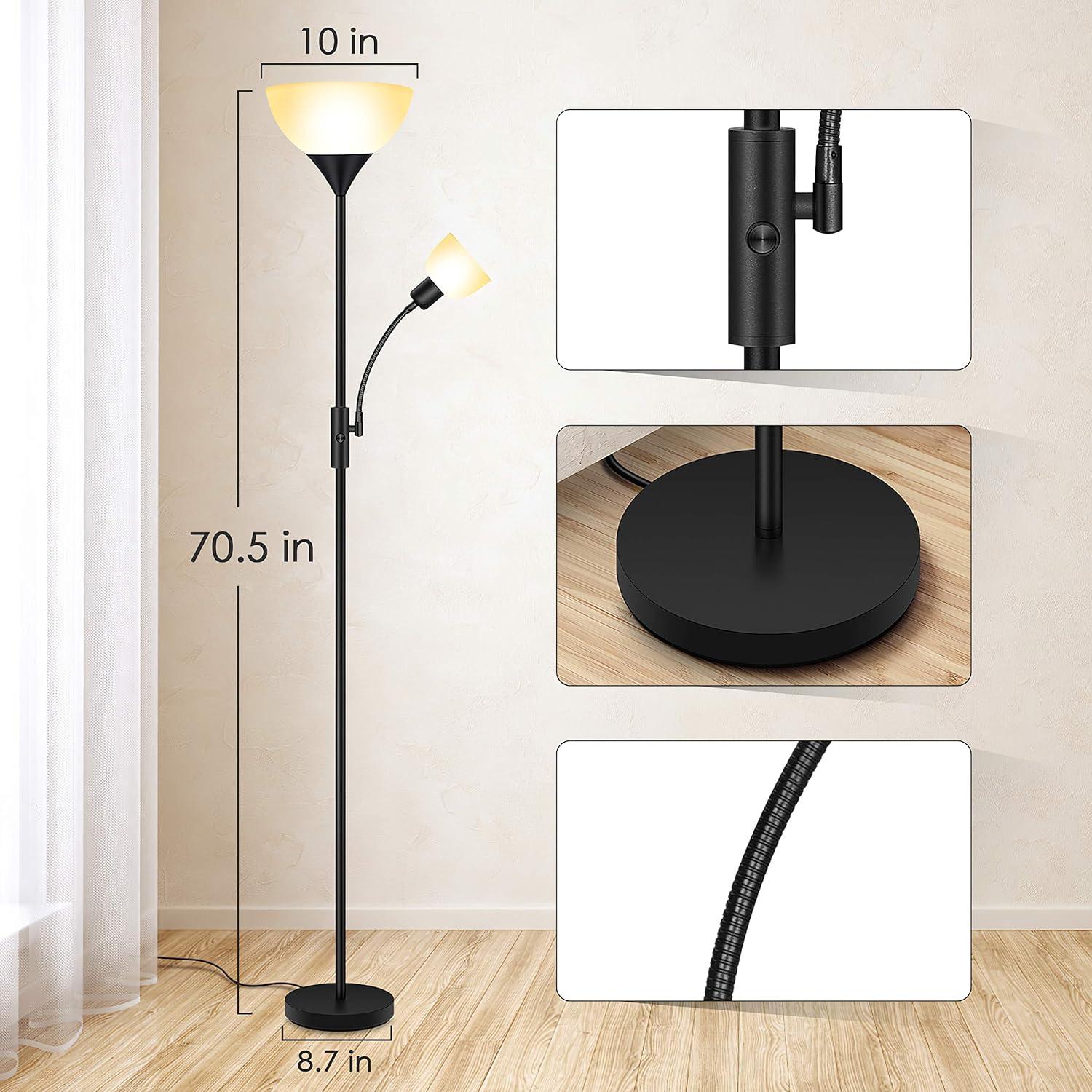 Floor Lamp, Standing Lamp, 9W LED Torchiere Floor Lamp with 4W Adjustable Reading Lamp, 3000K Energy-Saving LED Bulbs, 3 Way Switch, 50,000hrs Lifespan, Floor Lamps for Bedroom, Living Room,