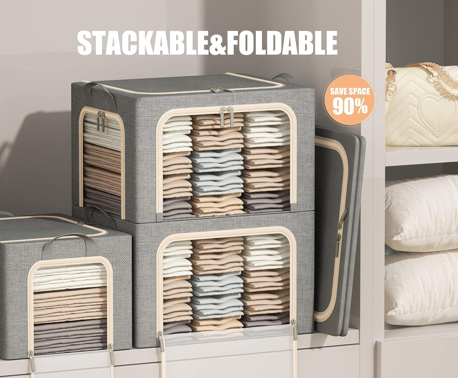 3 Openings Clothes Storage Bins With Metal Frame, Foldable Storage Bin For Clothes, Clothing Storage Bins With Lid, Linen Storage Box With Clear Window& Zippers& Durable Handles.(3 Pcs,Light Grey,40L)