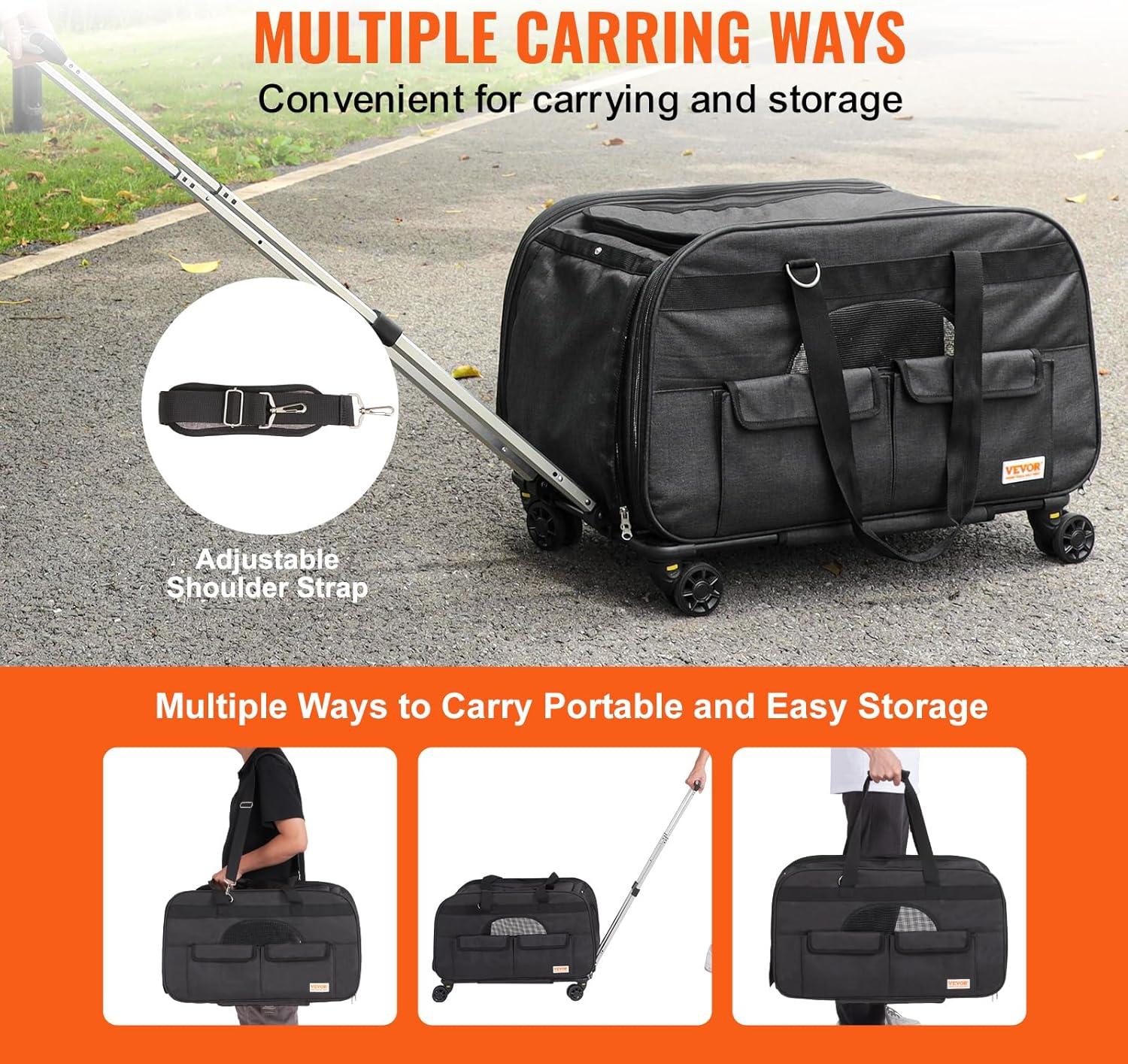 VEVOR Large Cat Dog Carrier with Wheels for Under 35lbs, Rolling Pet Carrier with Upgraded Wheels, Foldable Wheeled Dog Travel Carrier (Not for Airline)