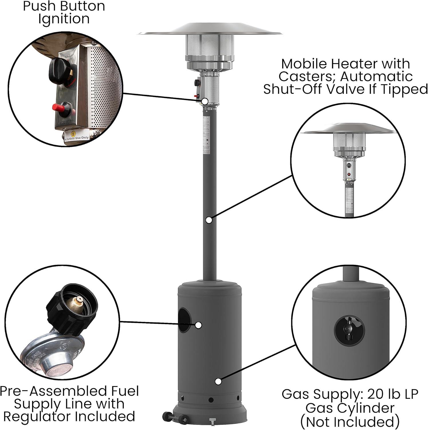 Sol 7.5' Stainless Steel Outdoor Patio 40,000 BTU Propane Heater with Wheels for Commercial & Residential Use