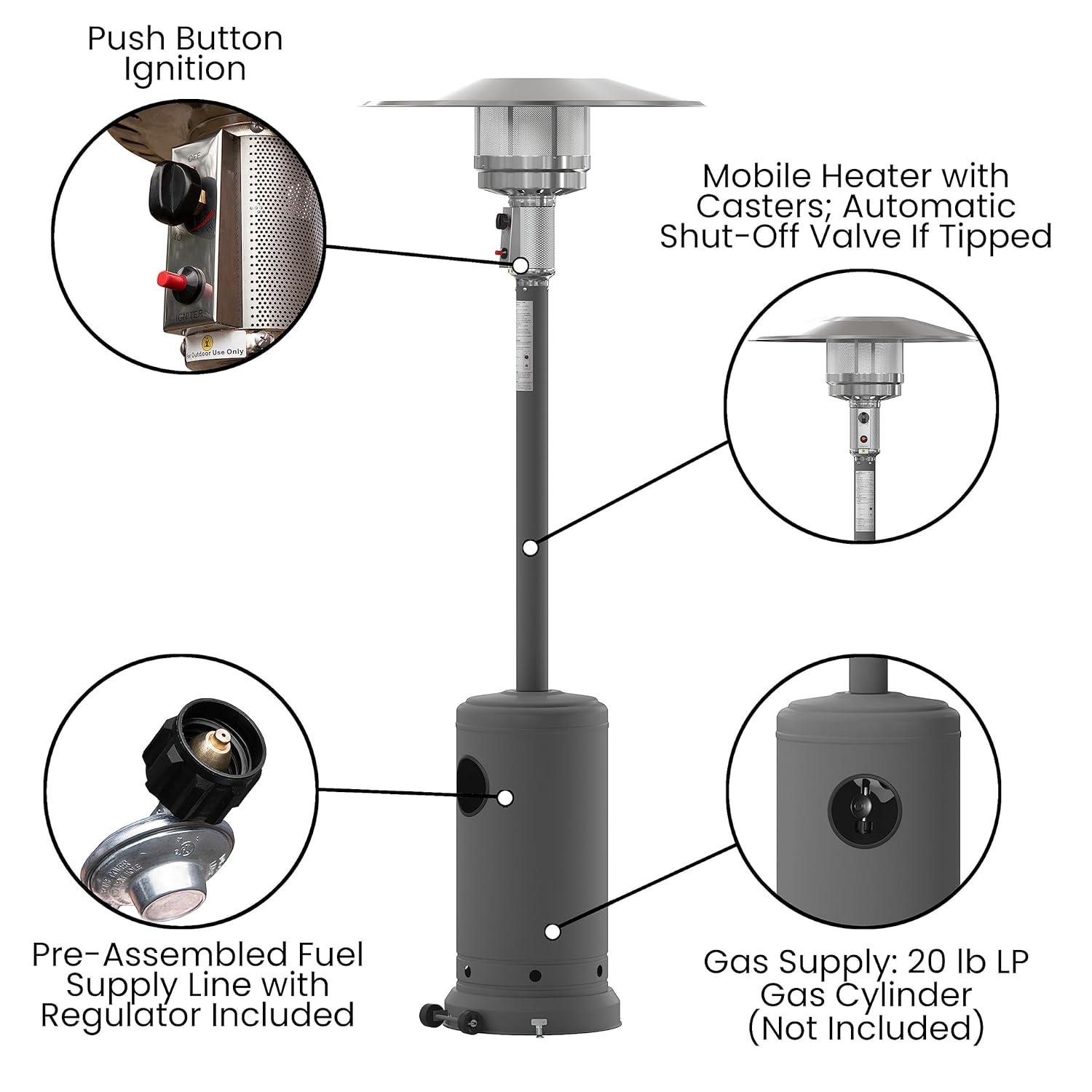 Sol 7.5' Stainless Steel Outdoor Patio 40,000 BTU Propane Heater with Wheels for Commercial & Residential Use
