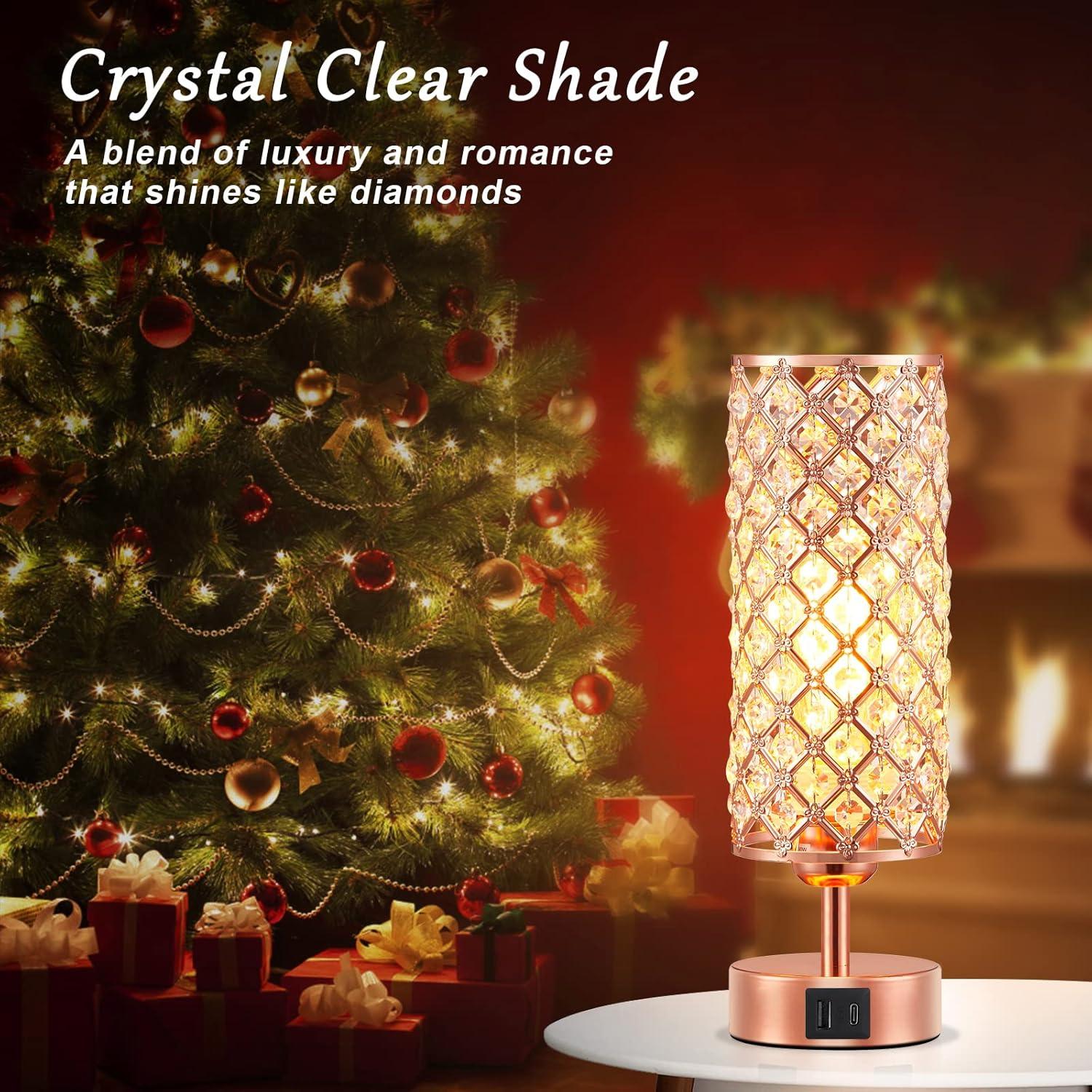 Rose Gold Crystal Touch Table Lamp with USB Ports