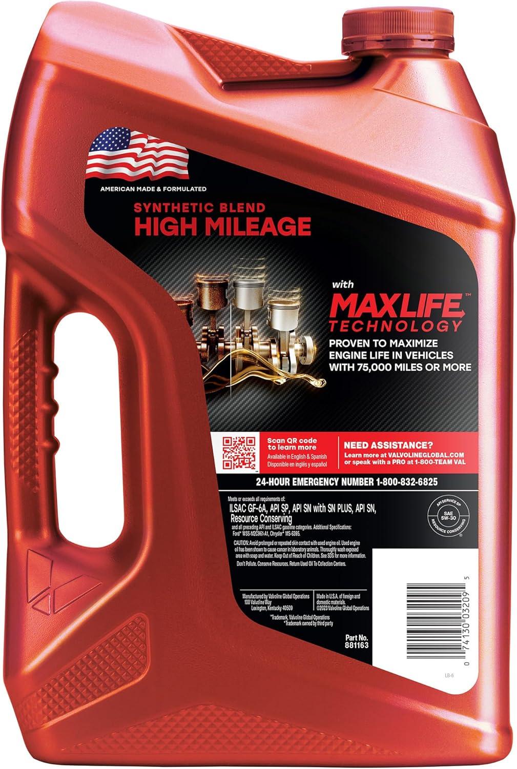 Valvoline High Mileage MaxLife 5W-30 Synthetic Blend Motor Oil 5 QT
