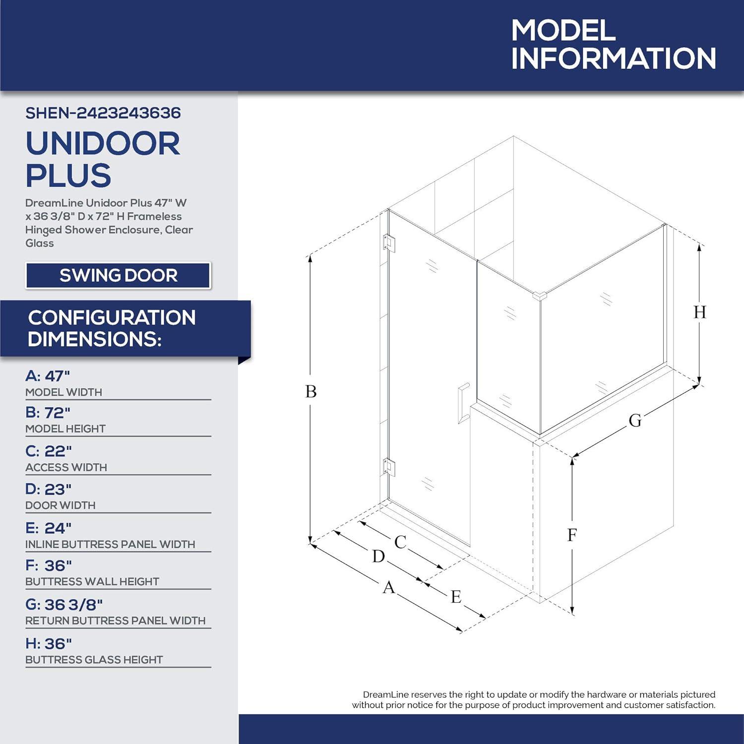 DreamLine Unidoor Plus 47" W x 36.375" D x 72" H Frameless Pivot Rectangle Shower Enclosure with Fixed Panel SHEN-2423243636-09