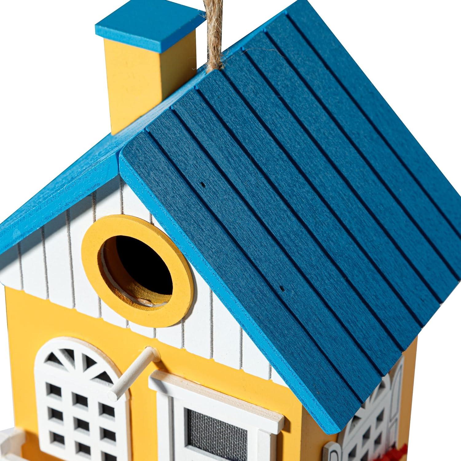 Colorful Wooden Birdhouse with Blue Roof and Yellow Walls