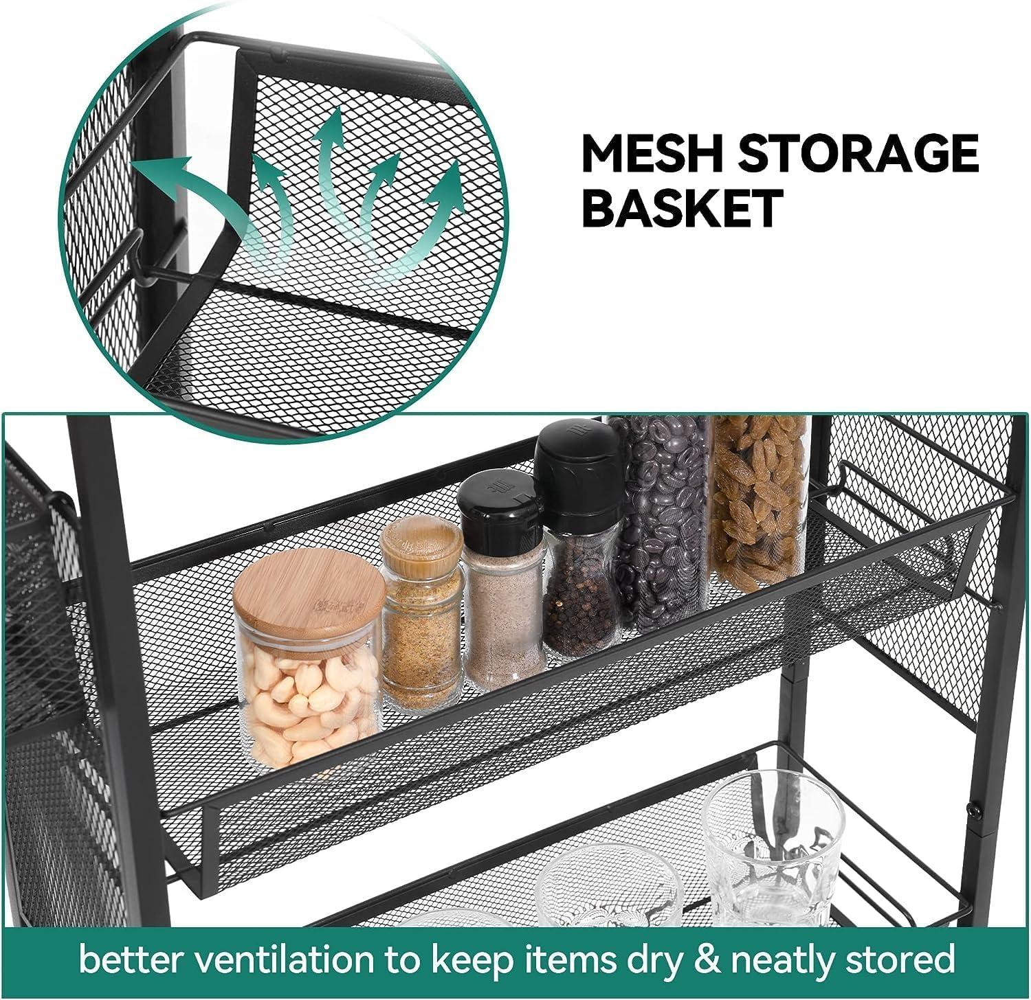 DWVO 4-Tier Slim Rolling Cart on Wheels, 34" Wooden Tabletop Kitchen Storage Organizer Cart with Wire Mesh Baskets, Slide-Out Storage Cart for Kitchen, Bathroom Living Room (White)