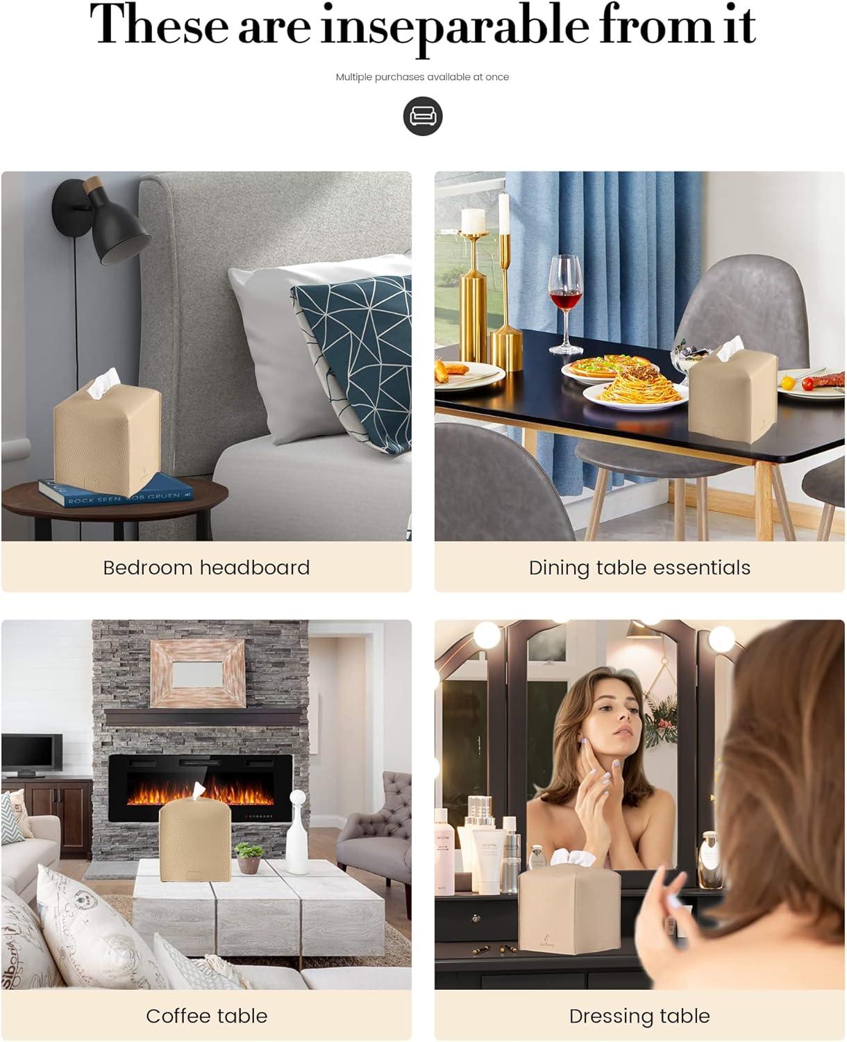 Tissue Box Cover, Square PU Leather Tissue Box Holder, Modern Tissue Case Facial Paper Organizer Dispenser，5X5X5'',Double Beige