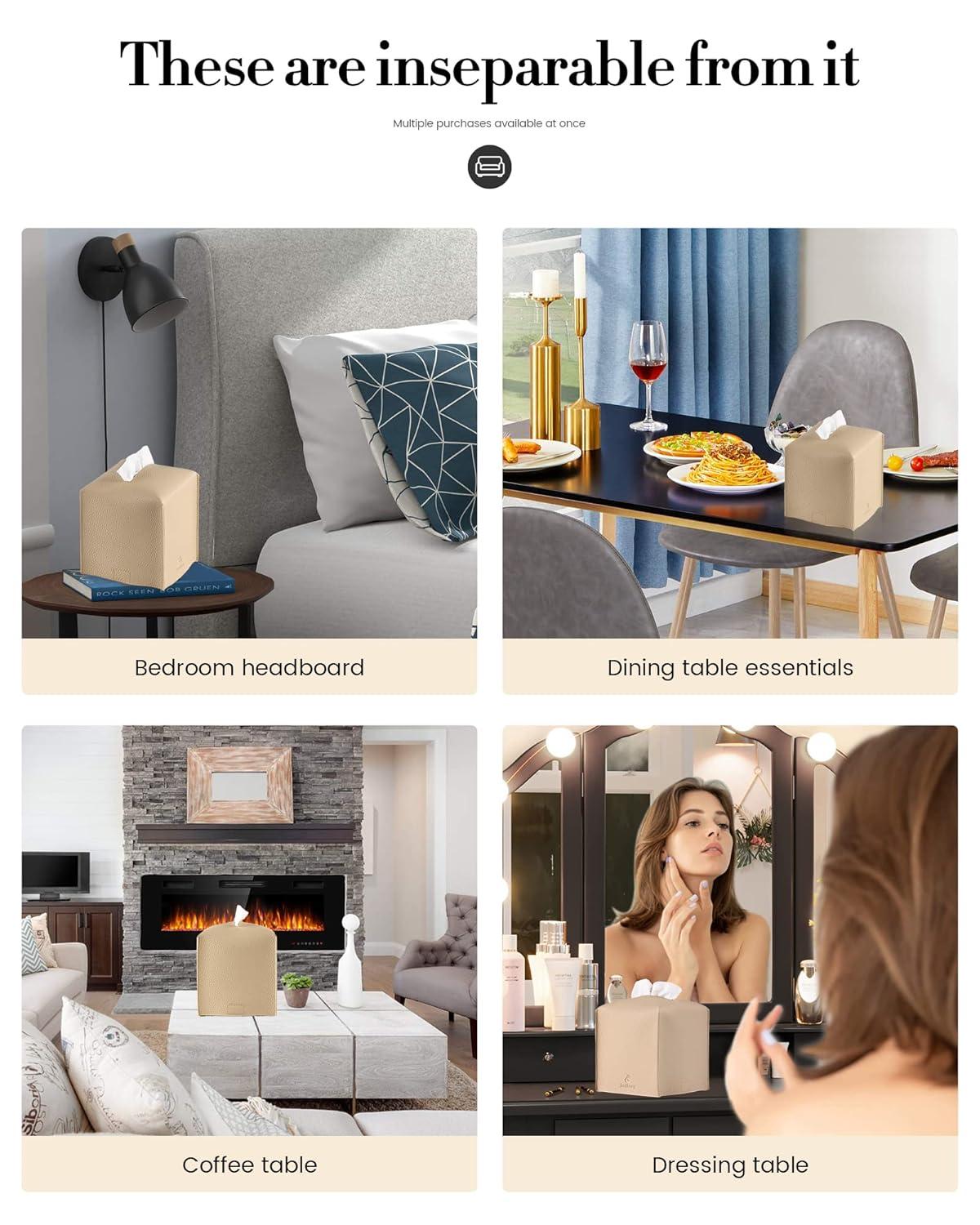 Tissue Box Cover, Square PU Leather Tissue Box Holder, Modern Tissue Case Facial Paper Organizer Dispenser，5X5X5'',Double Beige