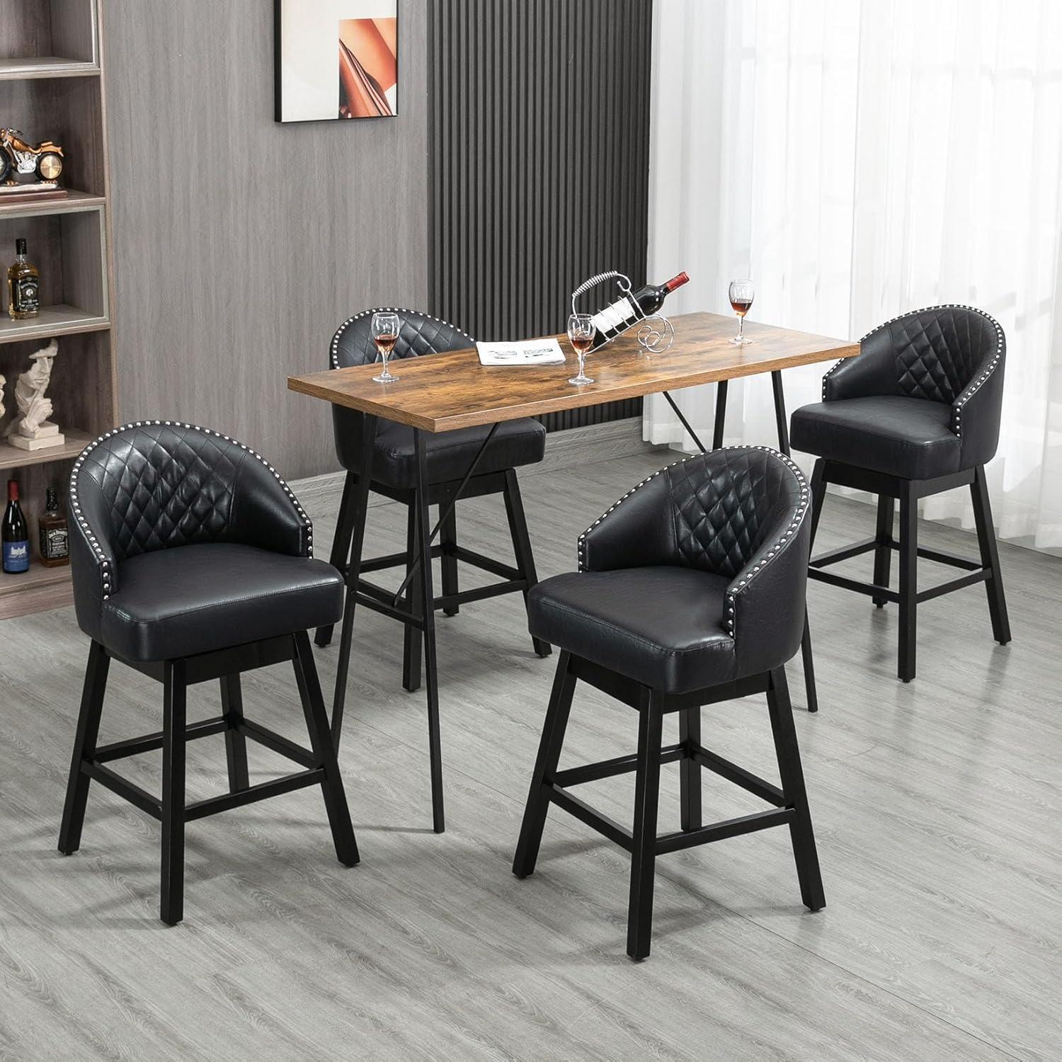 ECOTOUGE Swivel Bar Stools Set of 2, 26" Seat Height Kitchen Stools with Back & Wood Legs, Velvet Upholstered Counter Stools with Pull Ring for Kitchen Island, Dining Room, Pub & Cafe, Black