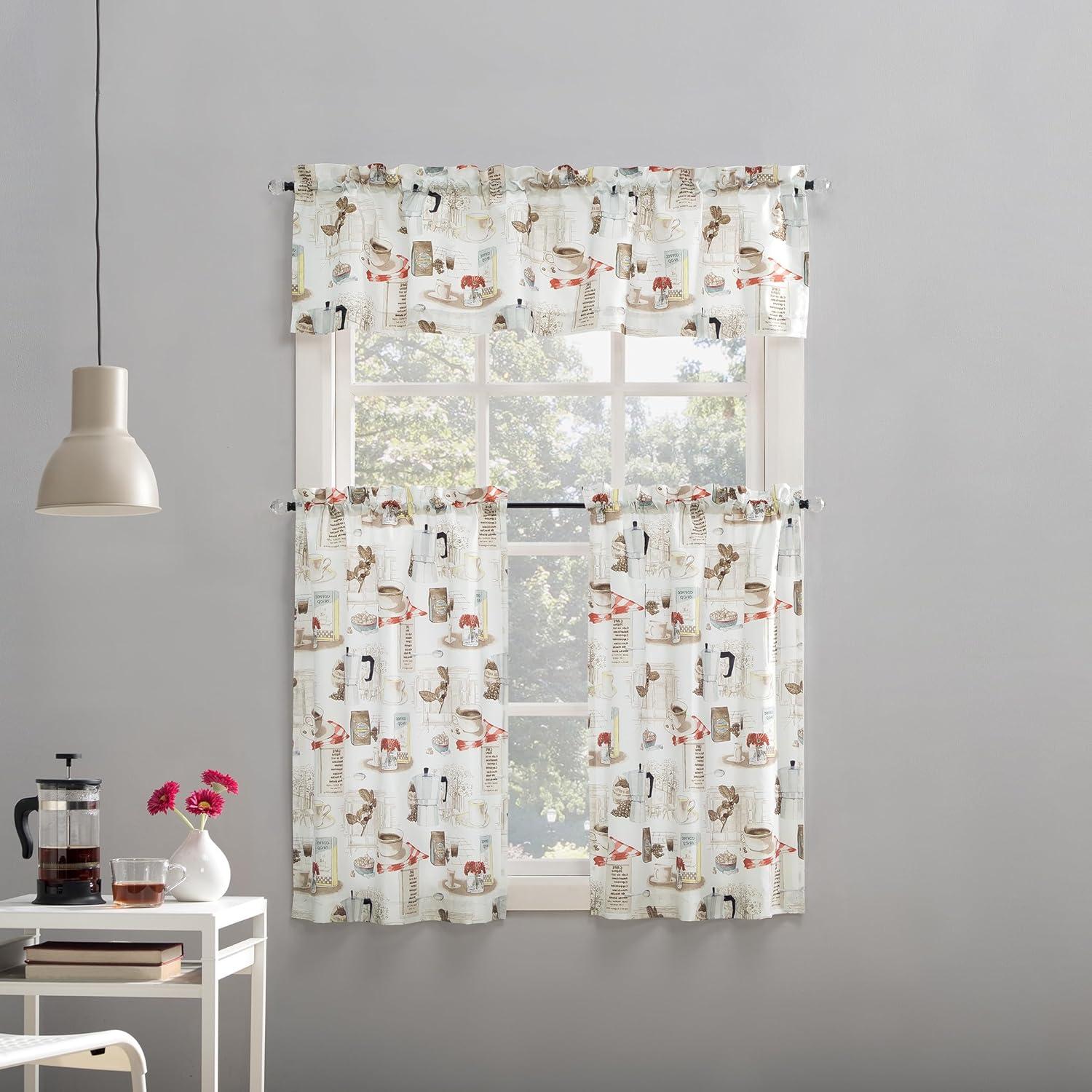 36"x54" Brew Coffee Shop Semi Sheer Rod Pocket Kitchen Curtain Valance and Tiers Set White - No. 918