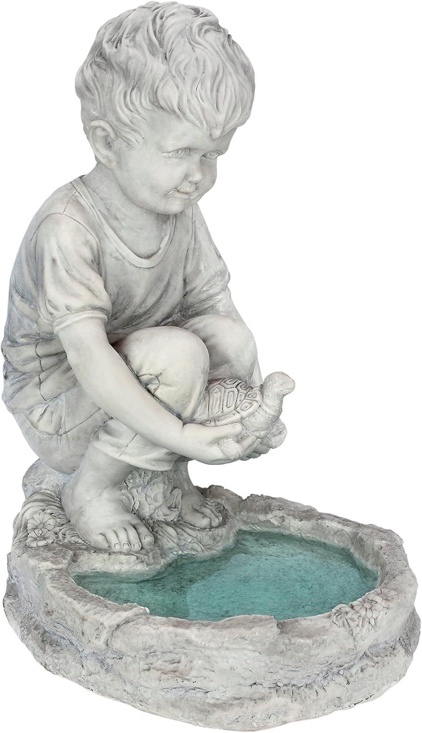 Antique Stone Little Boy with Turtle Garden Statue