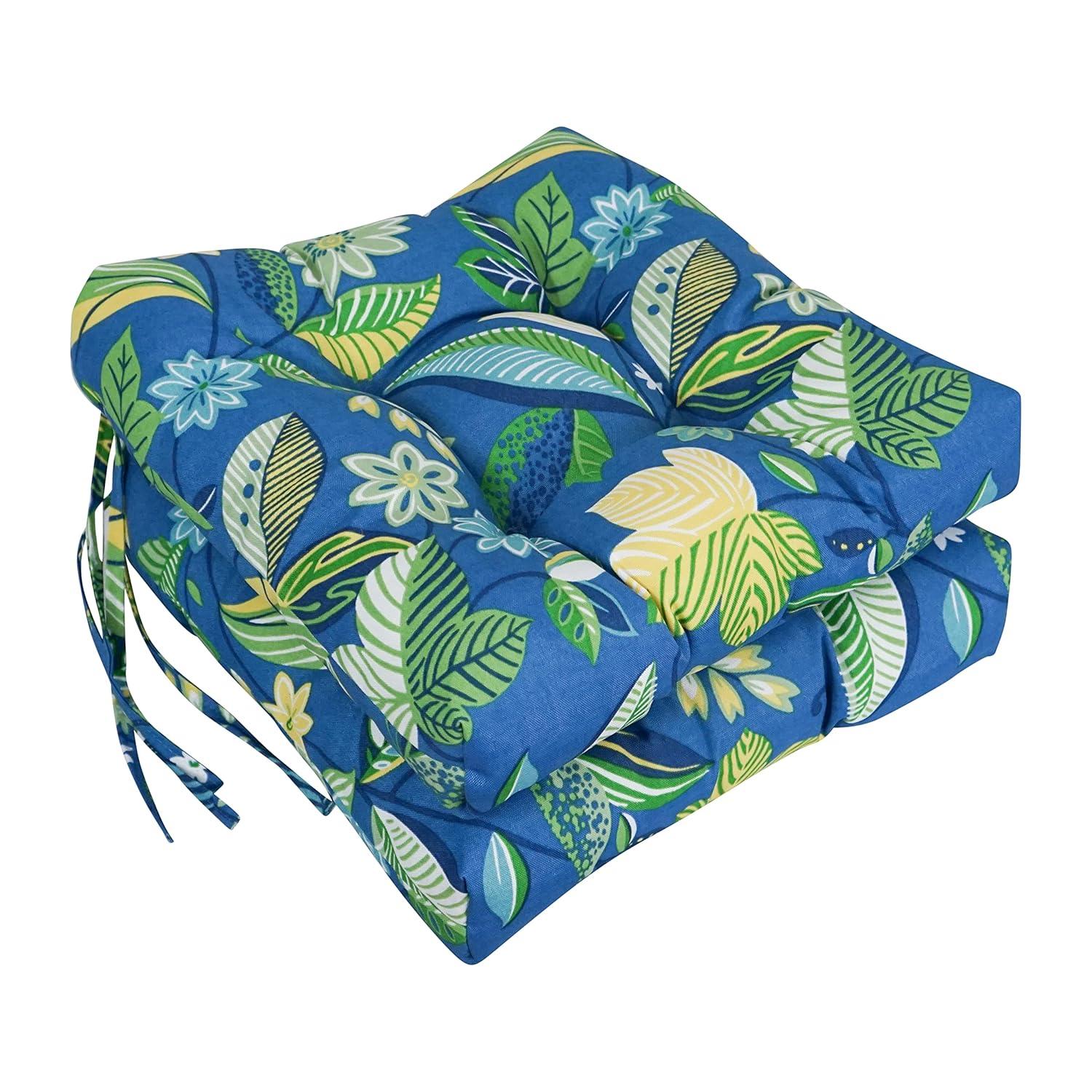 Blazing Needles 916X16SQ-T-2CH-REO-28 16 in. Spun Polyester Patterned Outdoor Square Tufted Chair Cushions, Skyworks Caribbean - Set of 2