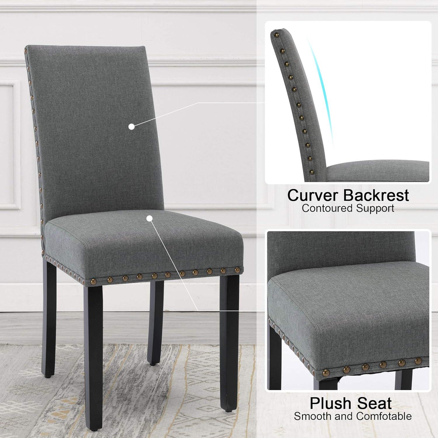 Upholstered Dining Chairs Set pf 2 Studded Parson Chairs with Nailheads and Sturdy Wooden Legs, Grey