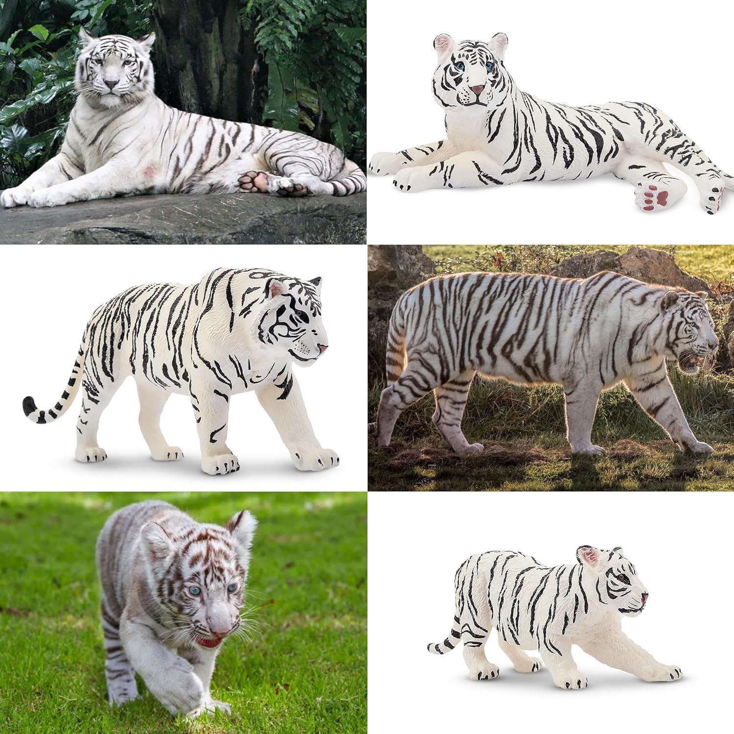 Toymany 6PCS Realistic White Tigers Figurines with Tiger Cubs, 2-6" Jungle Animals Figures Family Set Includes Baby Tigers, Educational Toy Cake Toppers Christmas Birthday Gift for Kids Toddlers