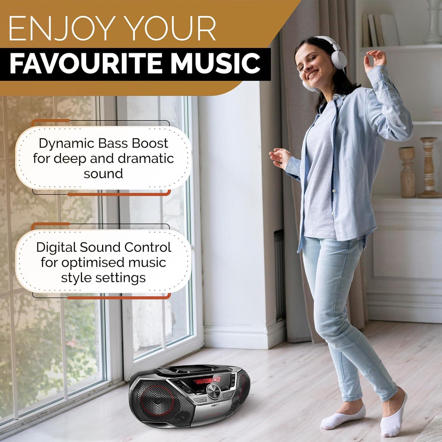 Philips Portable Boombox CD Player Bluetooth FM Radio MP3 Mega Bass Reflex Stereo Sound System with NFC, 12W, USB Input, Headphone Jack, and LCD Display