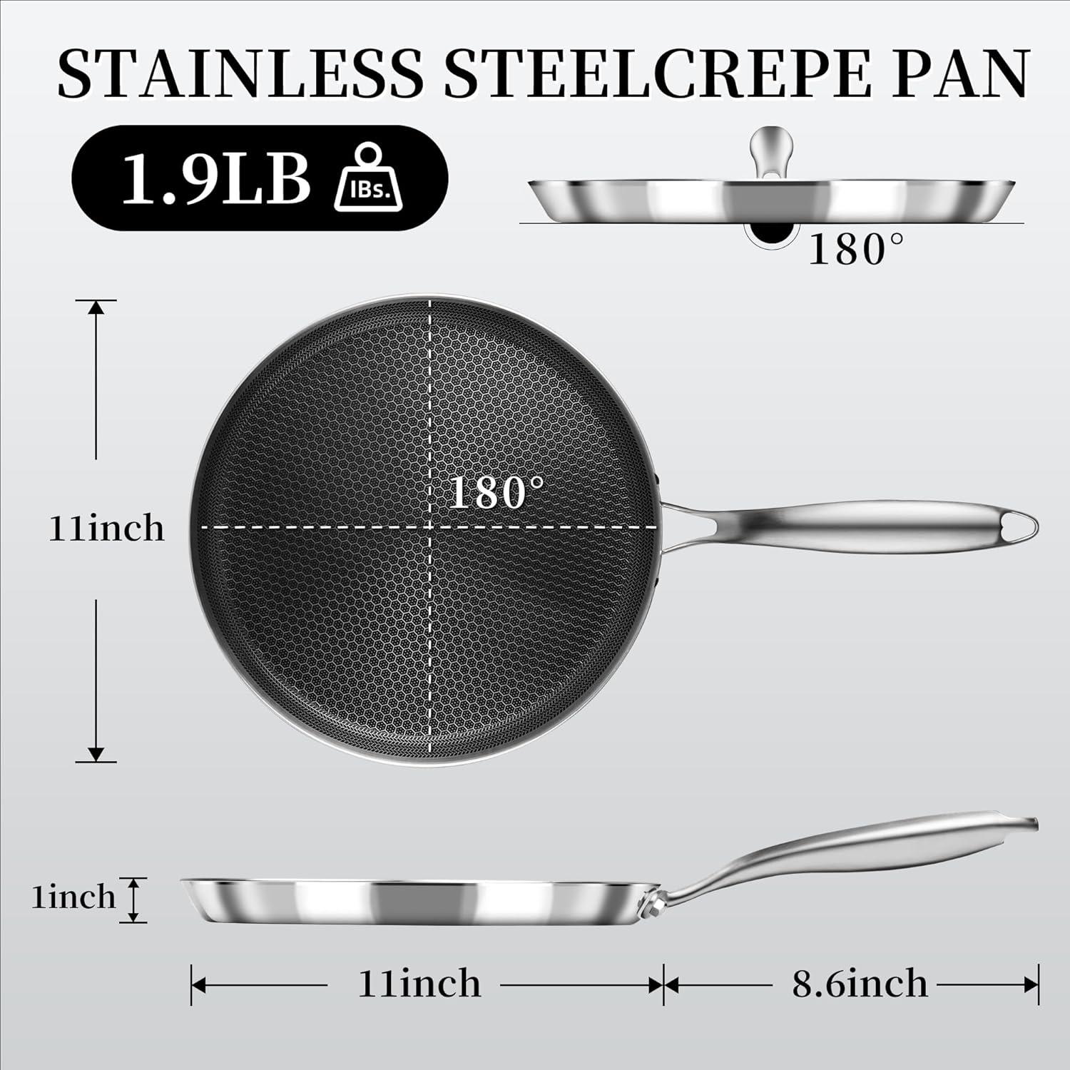 Innerwell 11'' Stainless Stee Nonstick Crepe Panl Honeycomb Coating Flat Skillet Tawa Dosa Tortilla Pan PFOA-Free,Omelet Pan with All Stove Tops Available