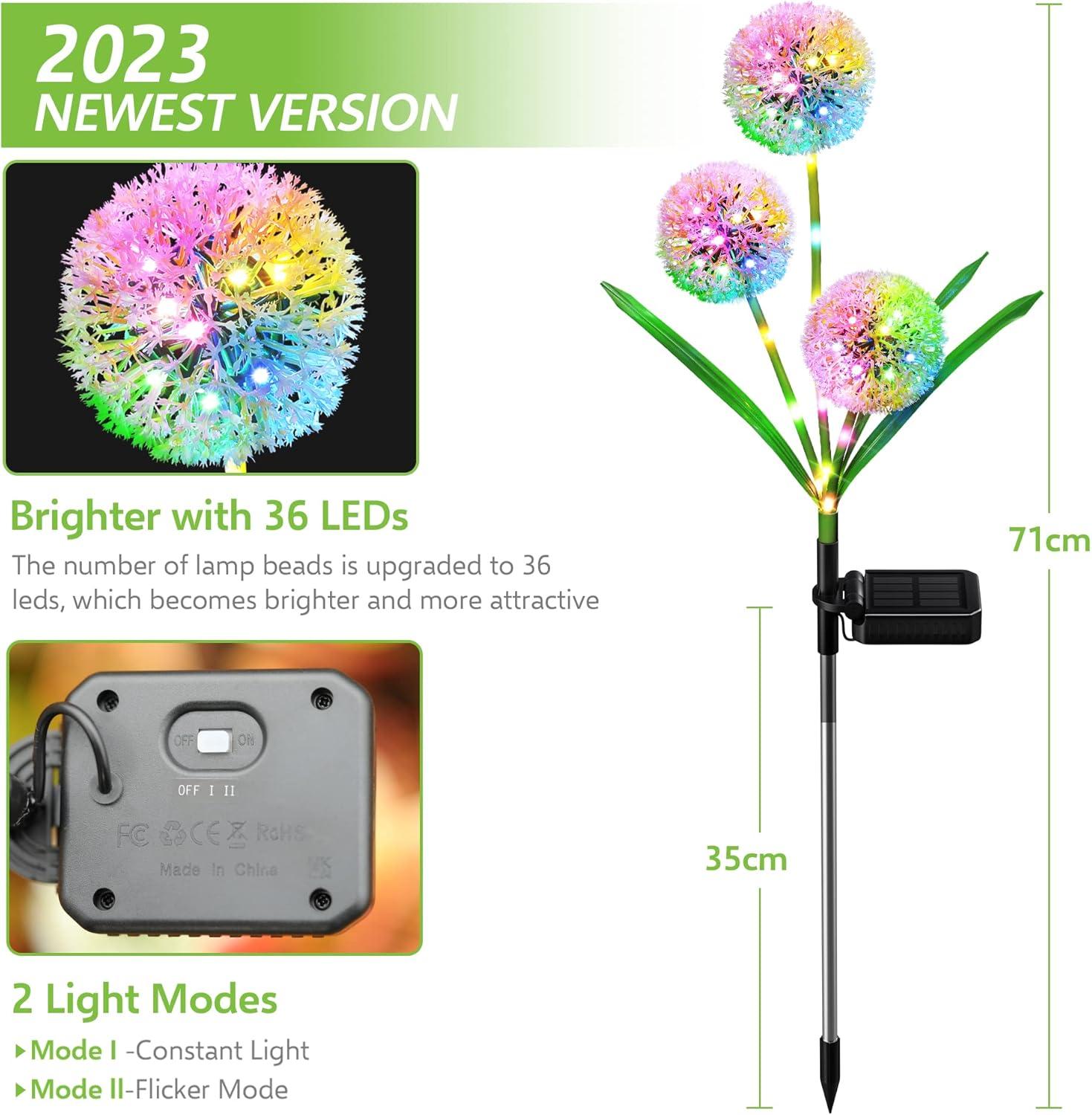 Solar Garden Lights Outdoor, 2 Pack 36 LED Solar Dandelion Lights, Waterproof Colorful Solar Lights for Yard, Lawn, Pathway and Wedding