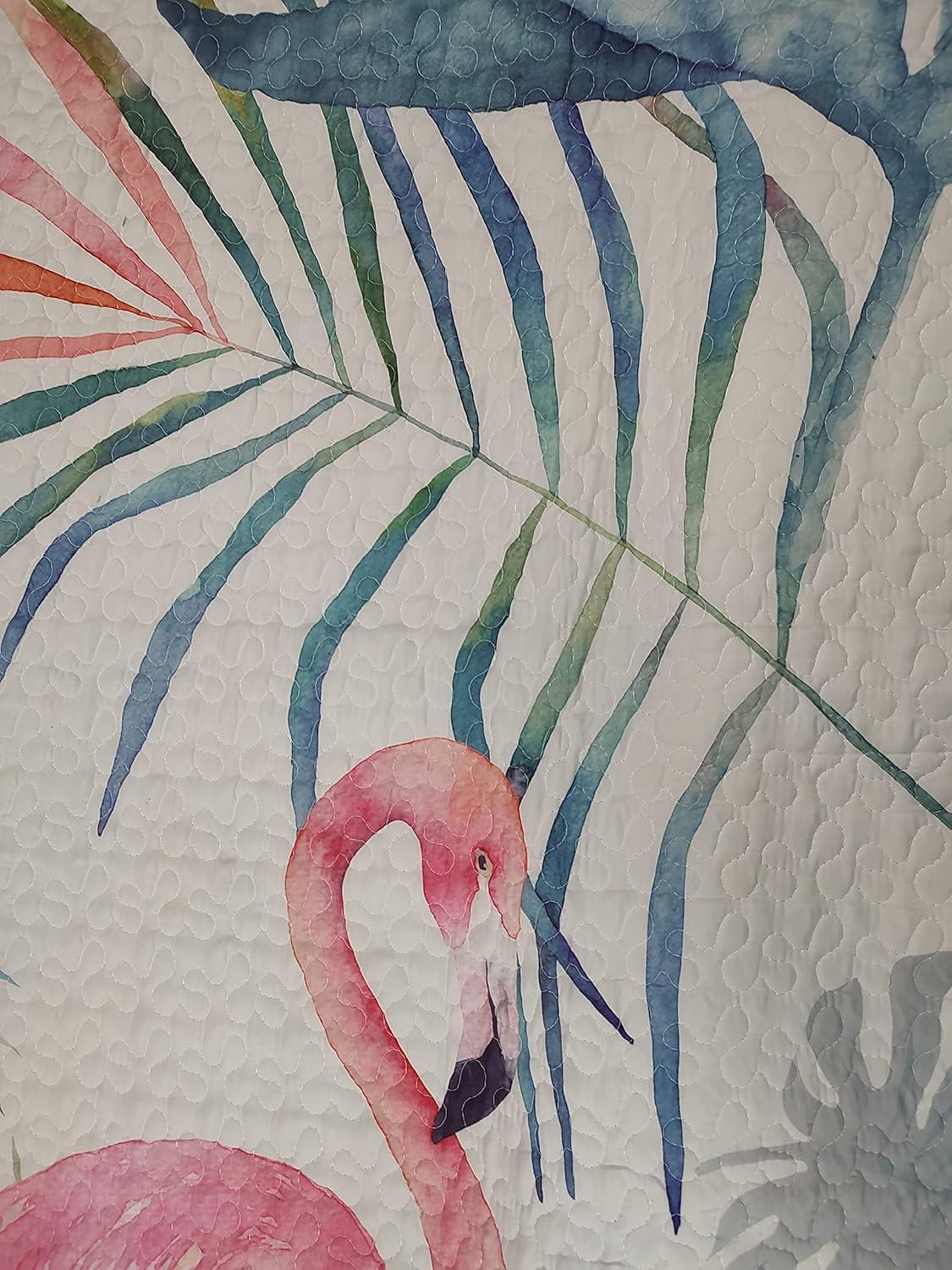 De Leon Collections Coastal Living Pink Flamingo & Aqua Palms Tropical Beach Vibes Decorative Quilt Bedding Set