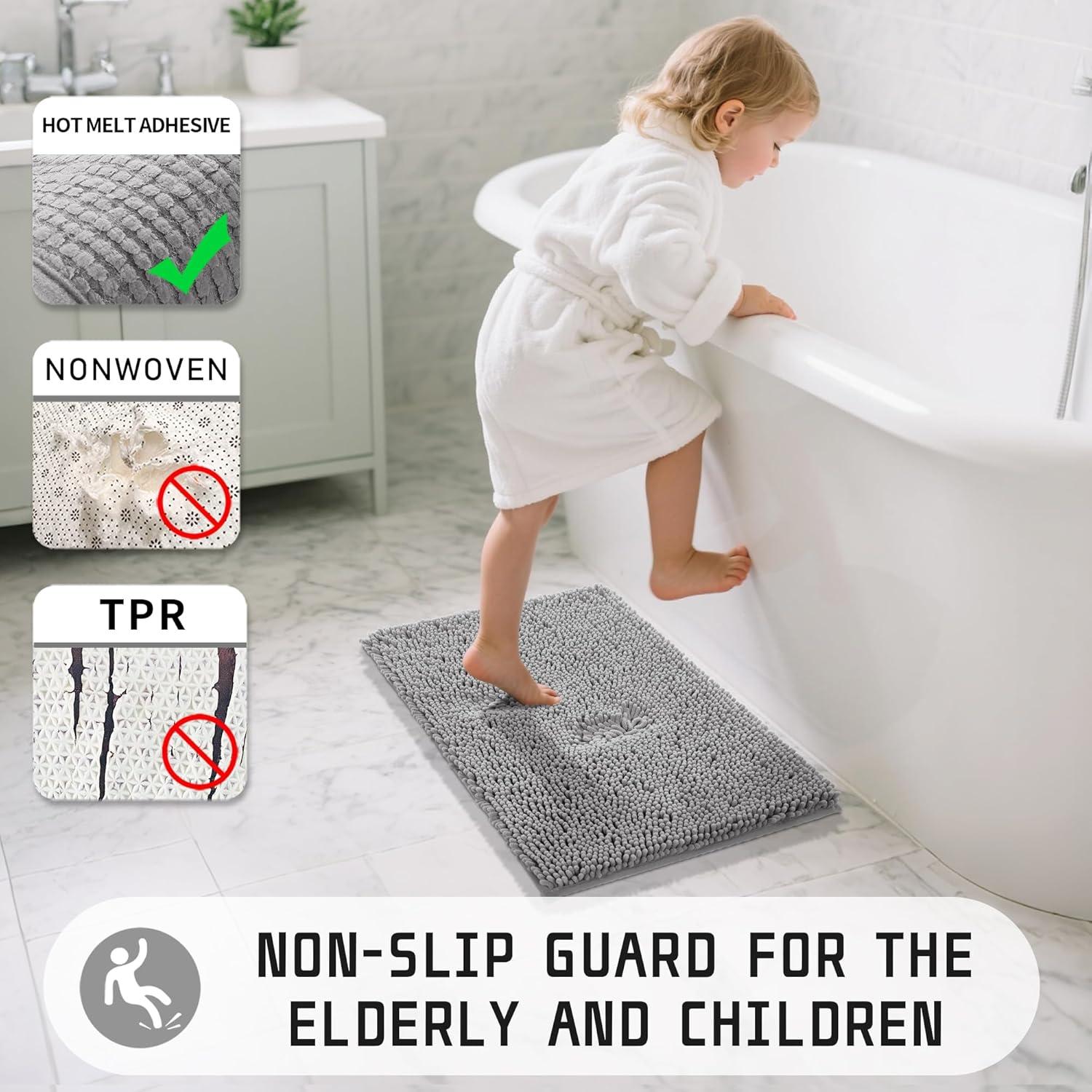 CHENHAINAN Bathroom Rug Mat, 24'' x 17'', Luxury Chenille Shaggy Bath Rugs, Extra Soft & Thick, Absorbent Water, Non-Slip, Machine Washable, Bath Mats for Bath Floor,Tub and Shower, Gray