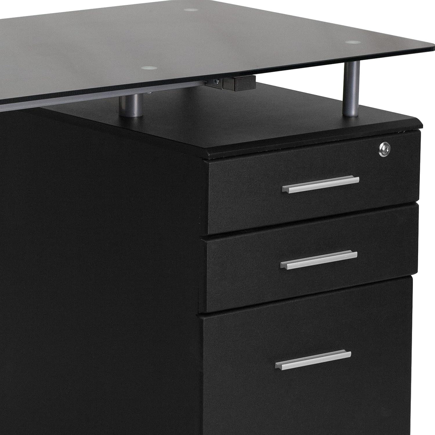 Emma and Oliver Black Glass Computer Desk with Three Drawer Pedestal