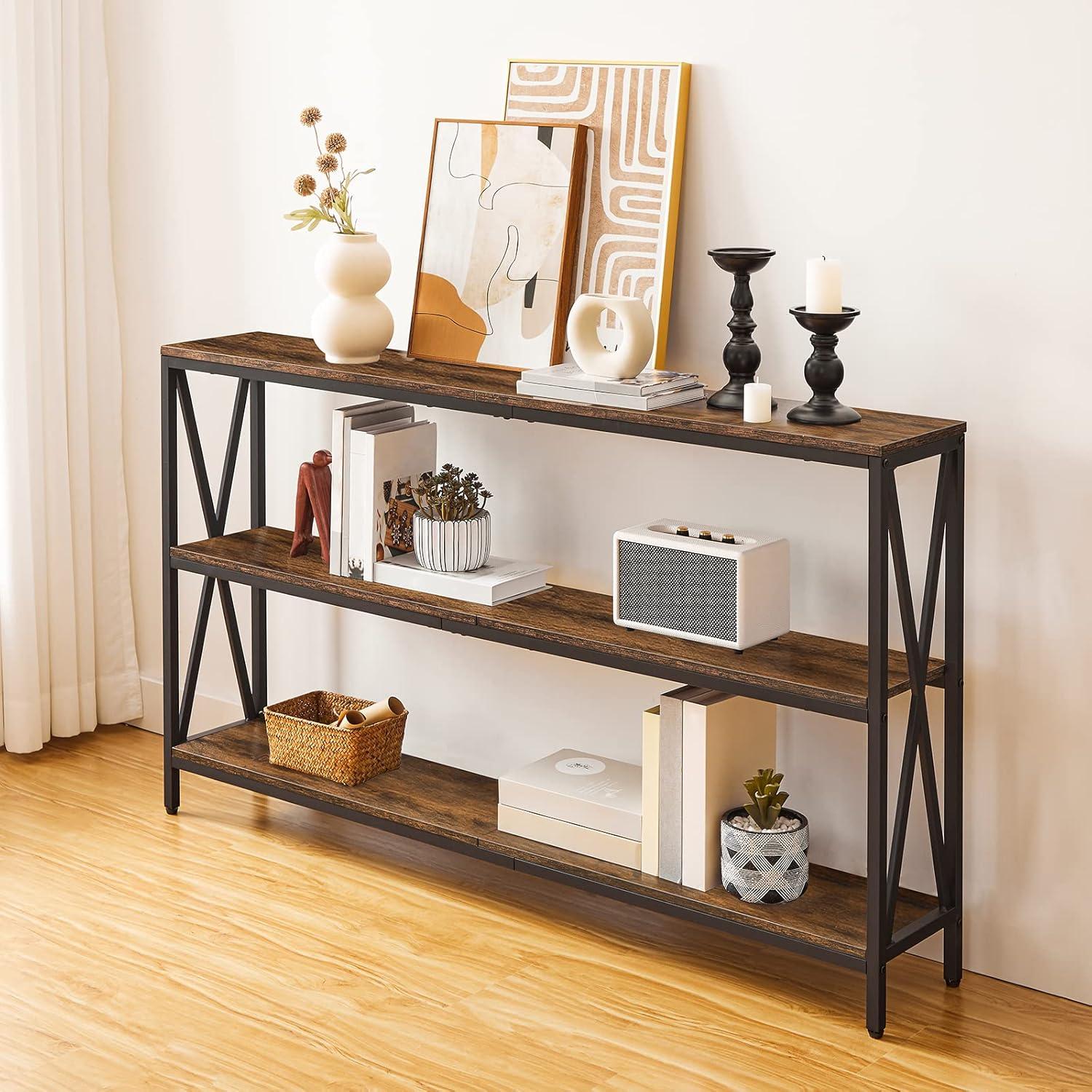 55" Rustic Brown Industrial Console Table with Metal Frame and Storage Shelves