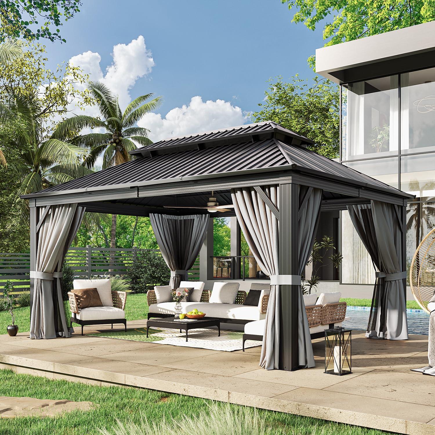Kozyard Kozyard Alexander Gray Double Roof Hardtop Gazebo with Privacy Curtain Mosquito Netting