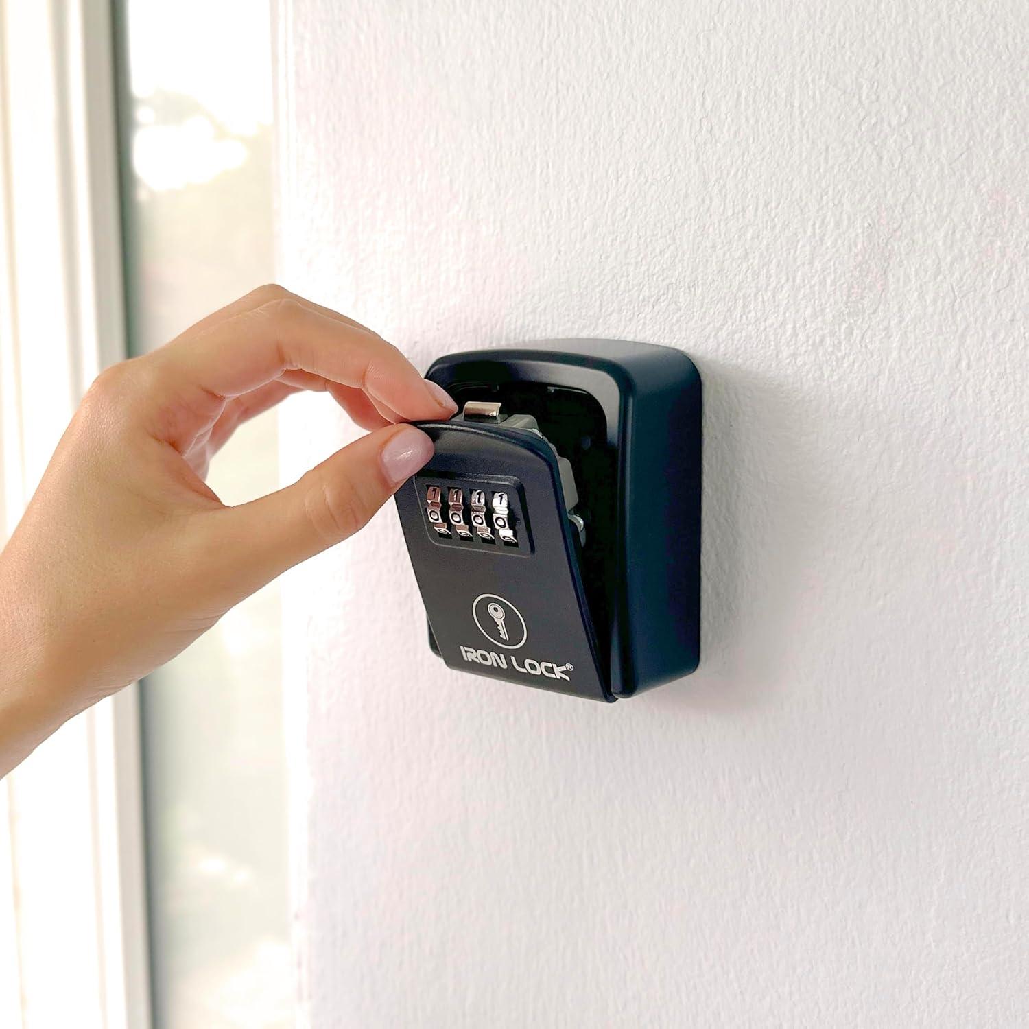 Iron Lock - Small Wall Mount Key Lock Box with 4-Digit Combo Resettable Code, Waterproof Lockbox