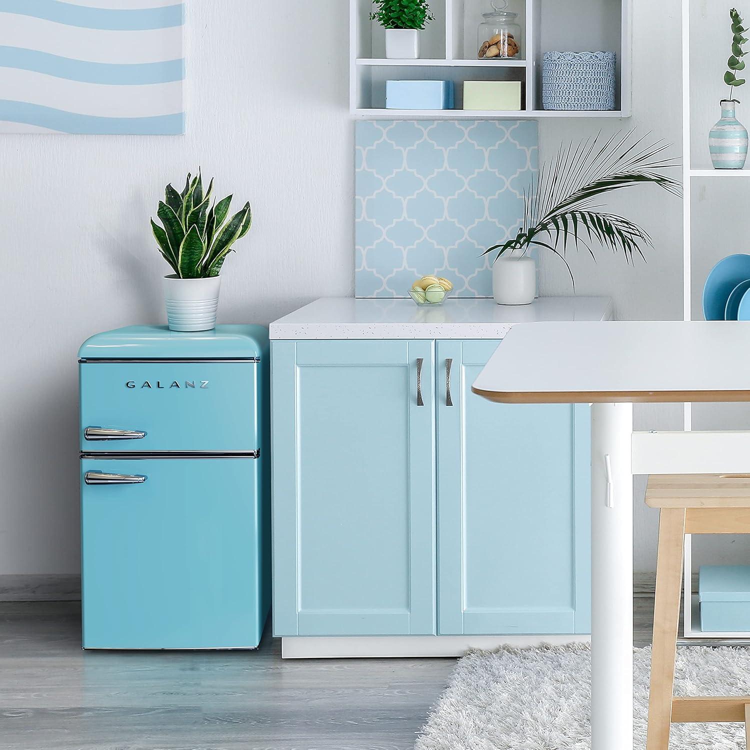 Retro Blue Compact Double Door Mini Fridge with Freezer