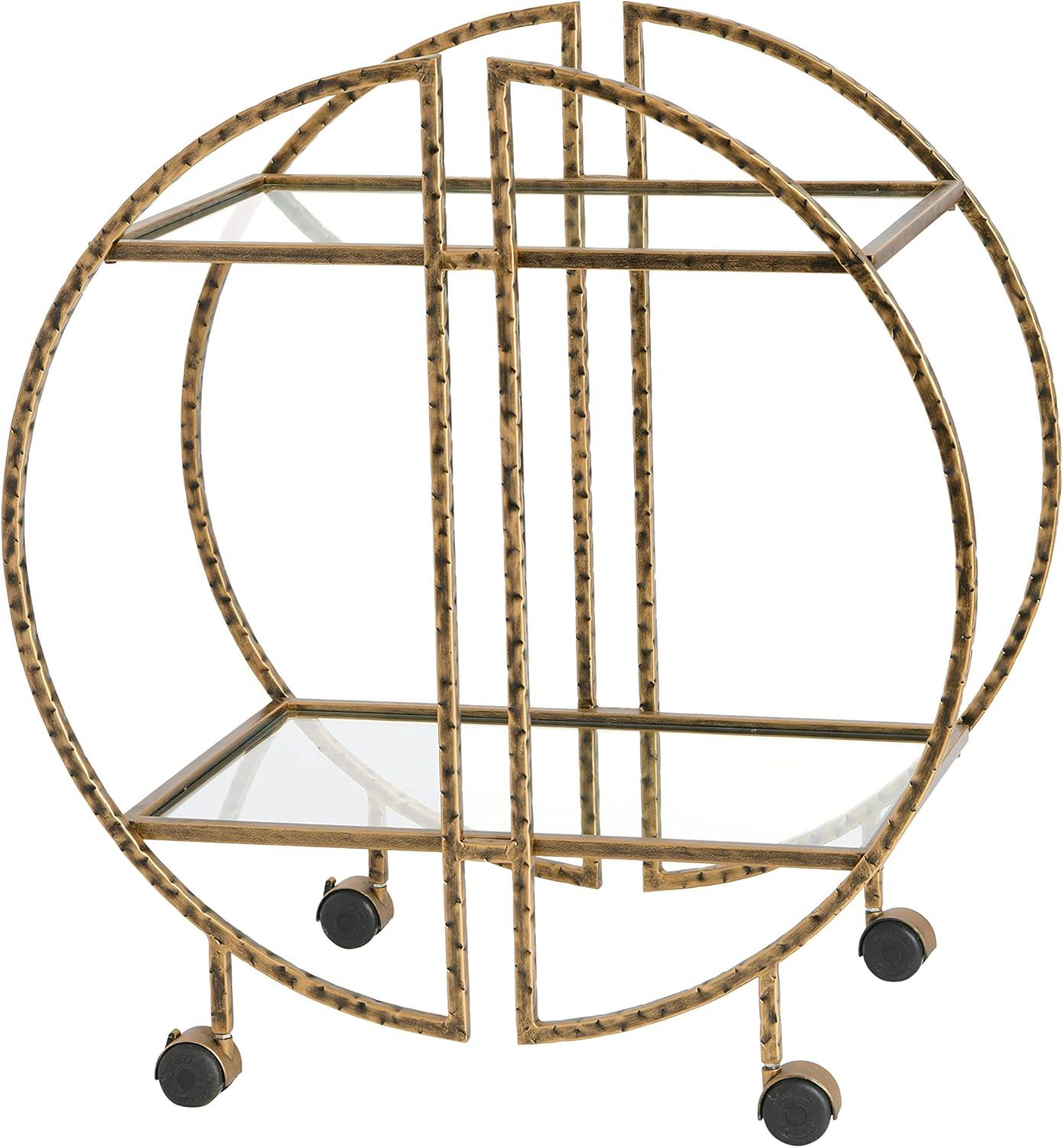 Ember Interiors Modern Round Hammered Brass Bar Cart with Wheels