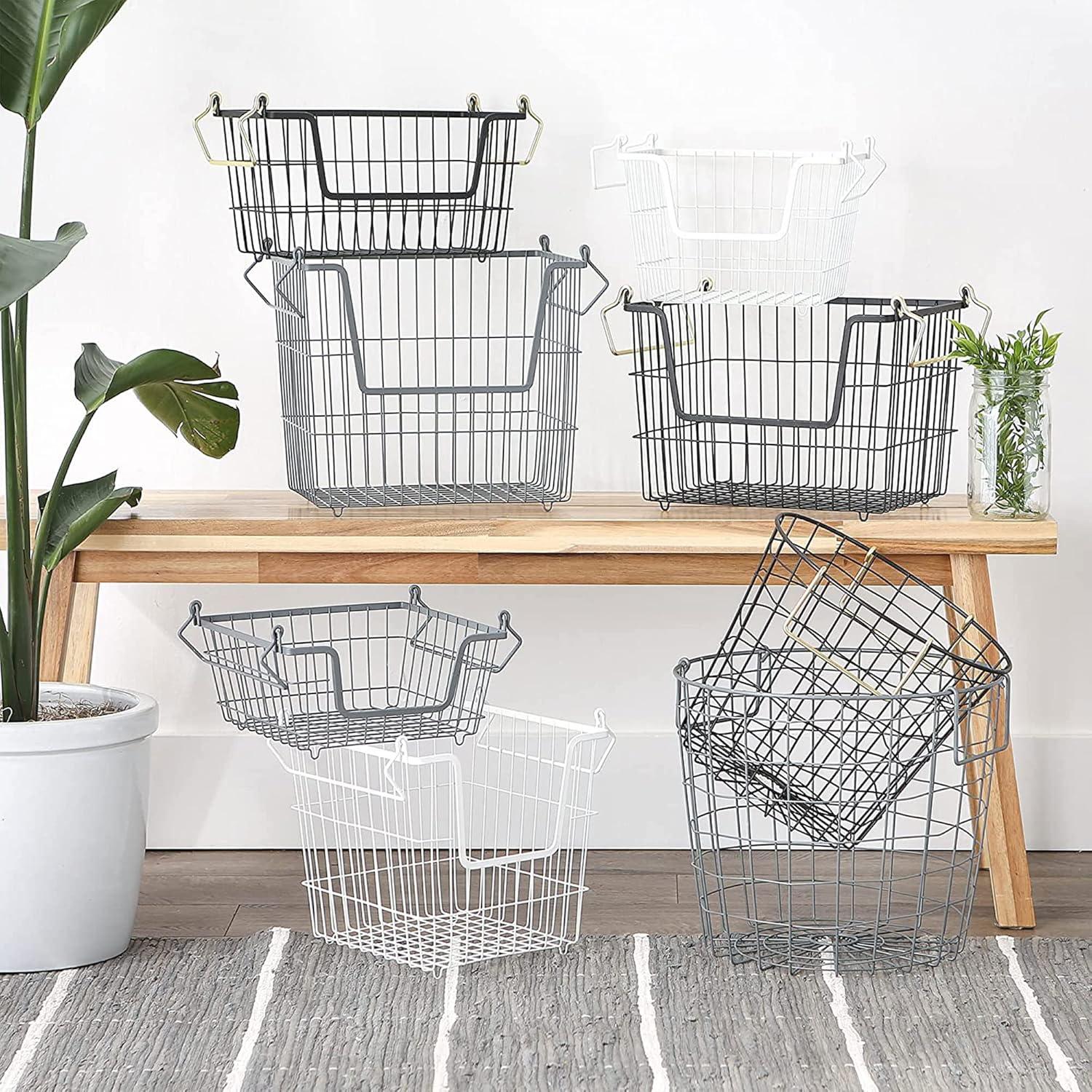 DII Design Imports Metal Wire Mesh Stackable Utility Storage Bin with Swinging Handles for Kitchens, Offices, and Living Rooms, Large, Cool Gray