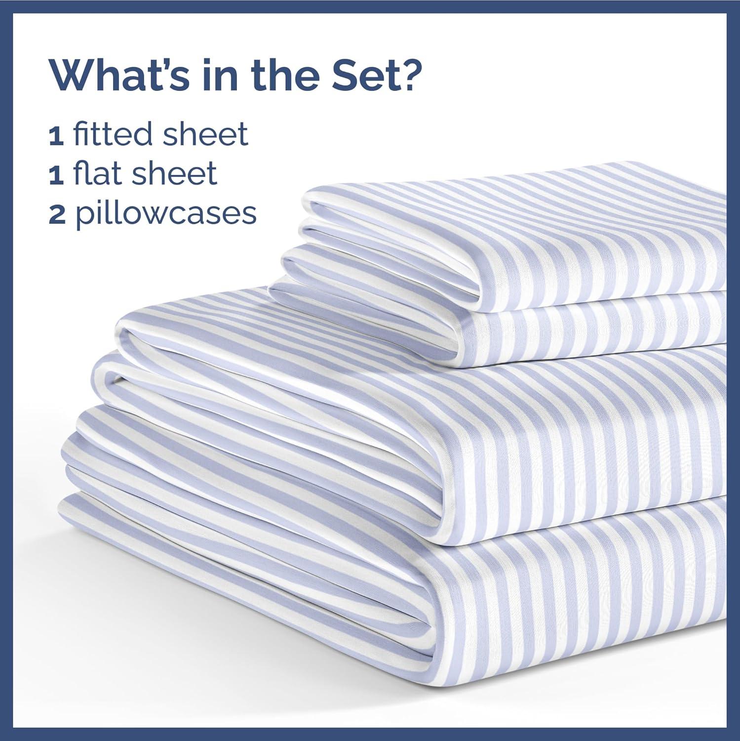 CGK Linens Kids 4 Piece Bed Sheet Set - Cute & Cozy Wrinkle-Resistant with Vibrant Designs in Blue Stripes, Size Full