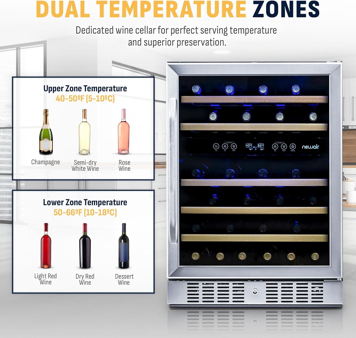 Newair 24 in. 46 Bottle Dual Zone Built-in Wine Refrigerator with Beechwood Shelves and Safety Lock