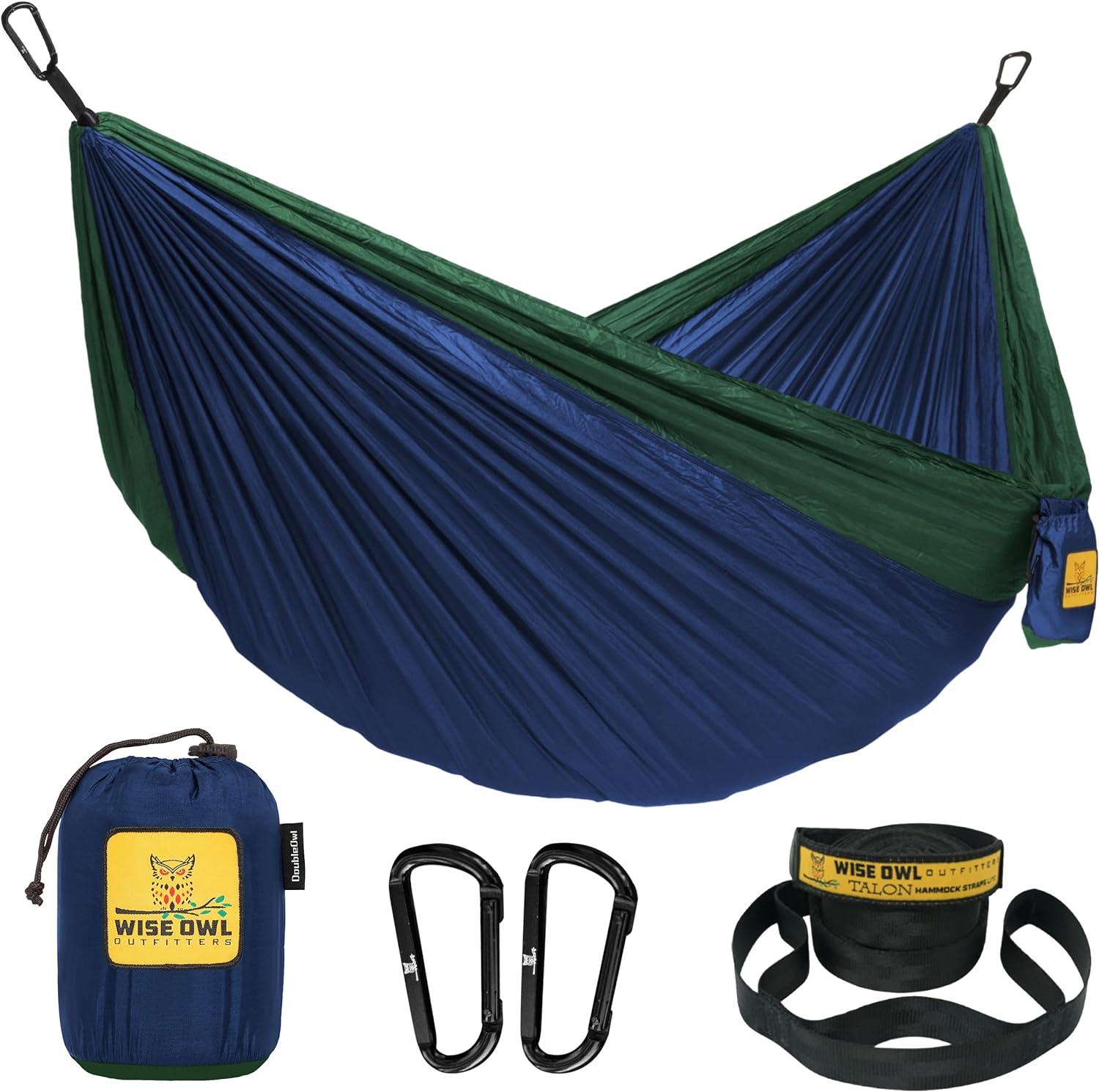 Navy and Forest Green Double Camping Hammock with Tree Straps