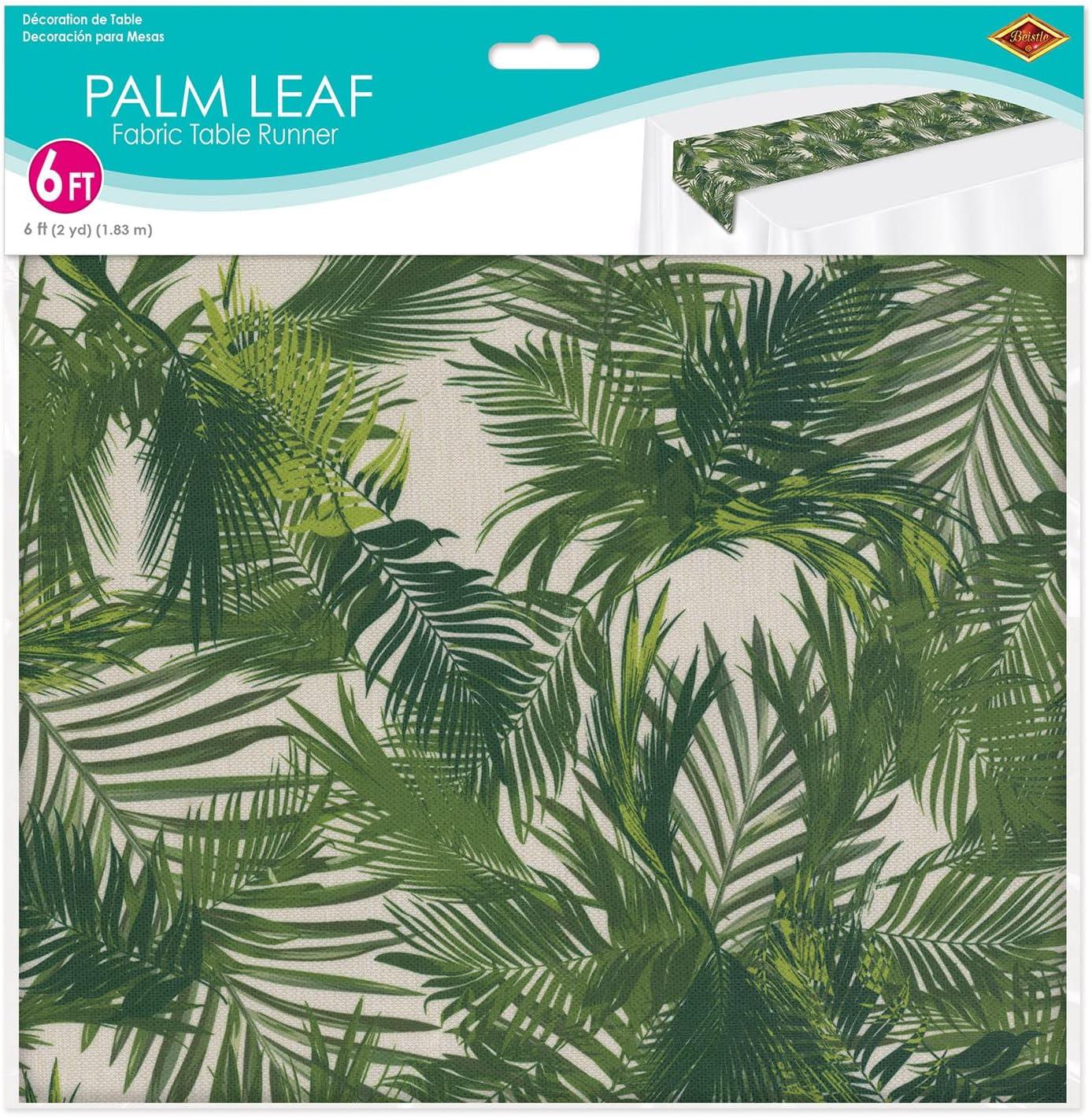 Beistle Rectangle Tropical Palm Leaf Fabric Table Runner for Luau Hawaiian Party Theme Decorations Jungle Tableware, 12" x 6', Green/Off White