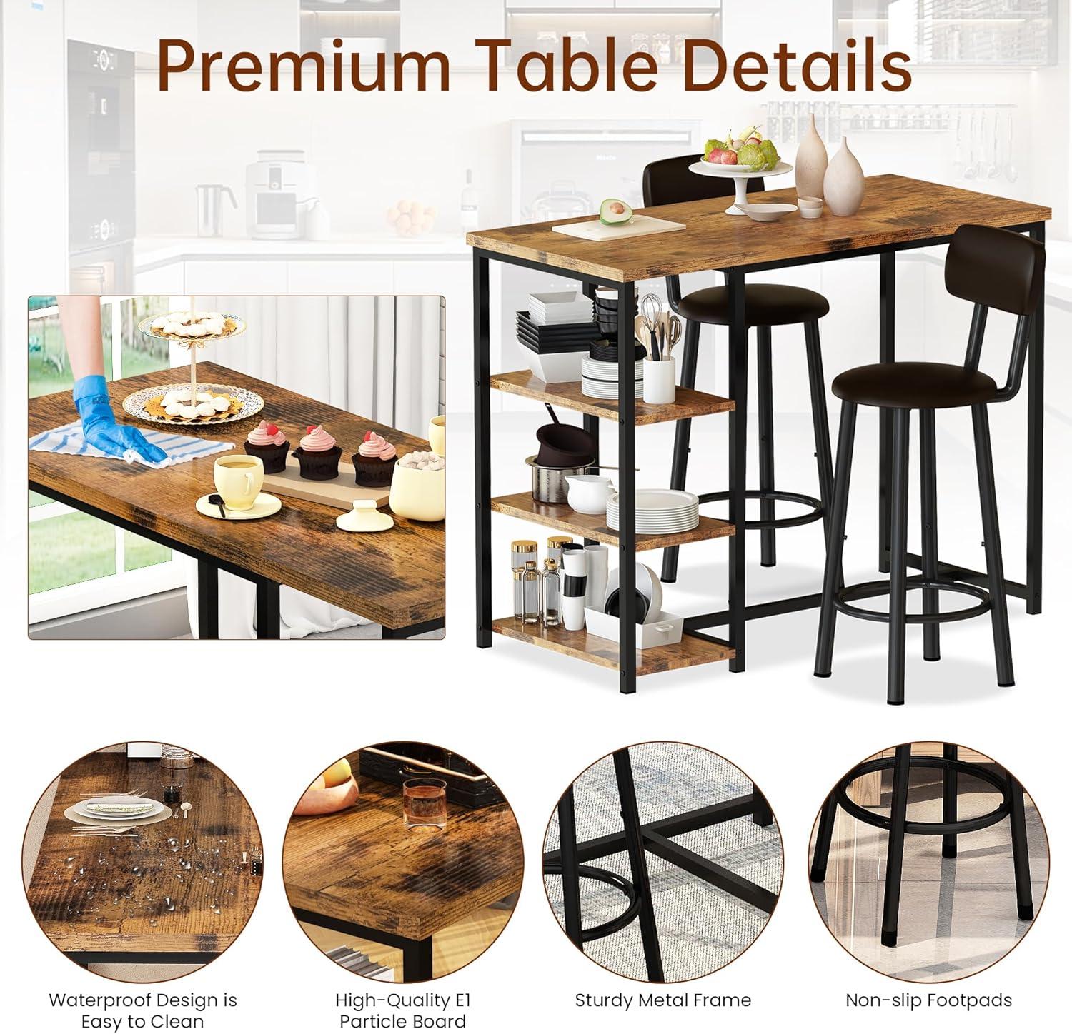Whizmax Bar Table Set for 2 with Footrest, Kitchen Dining Table with 2 Upholstered Chairs, Small Space Counter Height Barstools for Counter Bar, Brown