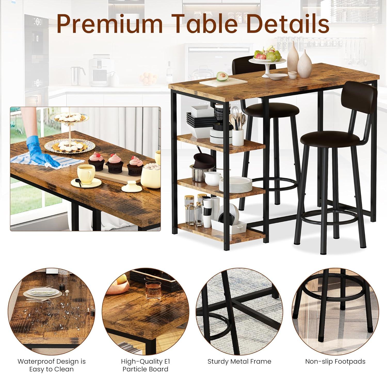 Whizmax Bar Table Set for 2 with Footrest, Kitchen Dining Table with 2 Upholstered Chairs, Small Space Counter Height Barstools for Counter Bar, Brown