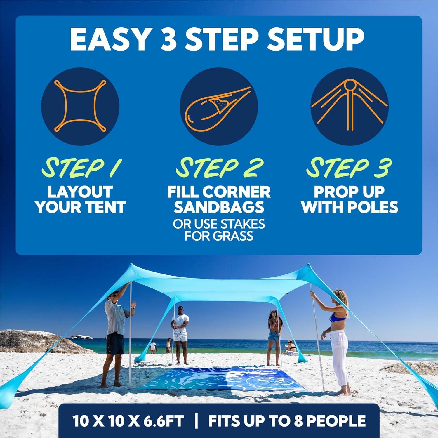 SUN NINJA 7x7.5 FT Pop-Up Beach Tent with Sand Shovel, Pegs & Stability Poles – Navy Blue Sun Shelter for Beach, Camping & Outdoor Use