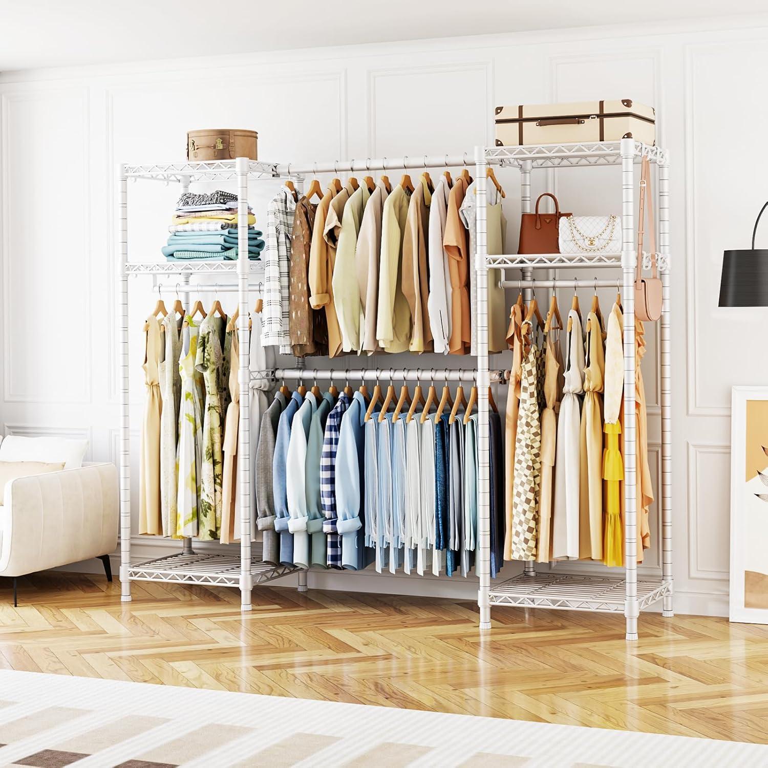 Ulif E7 Heavy Duty Garment Rack, Clothes Organizer and Storage Rack with Expandable Hangers, Metal Clothing Rack with 6 Wire Shelves, (52.3"-72") W x 14.5" D x 71.2" H, Load 838 LBS, White