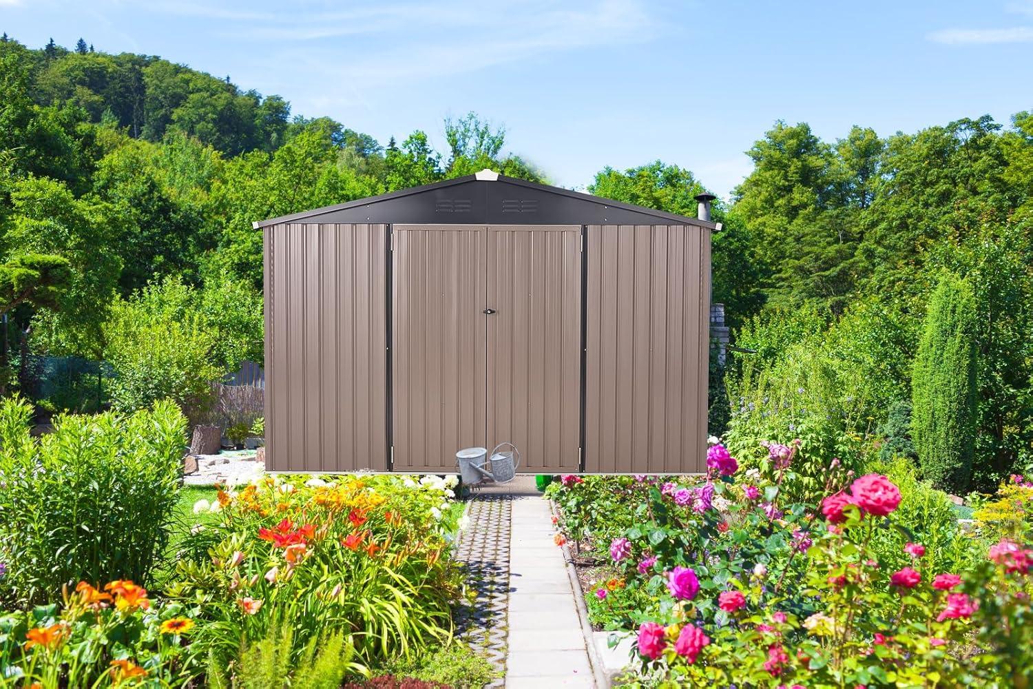 U-MAX 8' x 10' Shed Outdoor Storage Shed Clearance, Extra Large Yard Steel Metal Garden Shed with Design of Lockable Doors, Tool and Utility Storage for Backyard, Garden, Patio, Outside use in Taupe