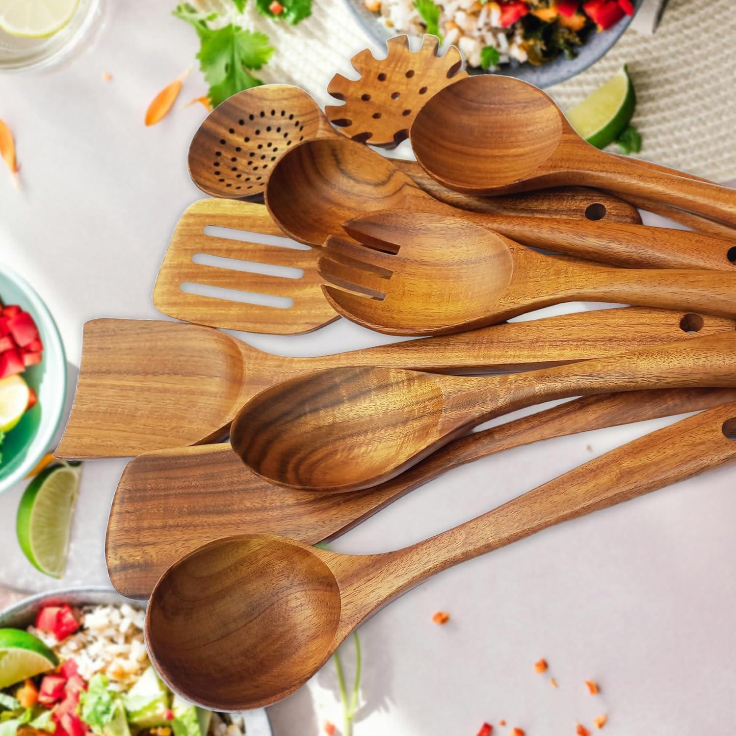Wooden Spoons for Cooking, 10 Pcs Teak Wood Cooking Utensil Set ‚ Wooden Kitchen Utensils for Nonstick Pans & Cookware ‚ Sturdy, Lightweight & Heat Resistant