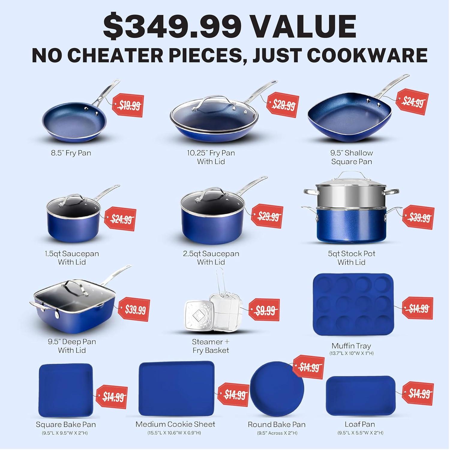Granitestone Blue 20 Piece Aluminum Non Stick Cookware & Bakeware Set with Ultra Nonstick Surface, Oven & Dishwasher Safe