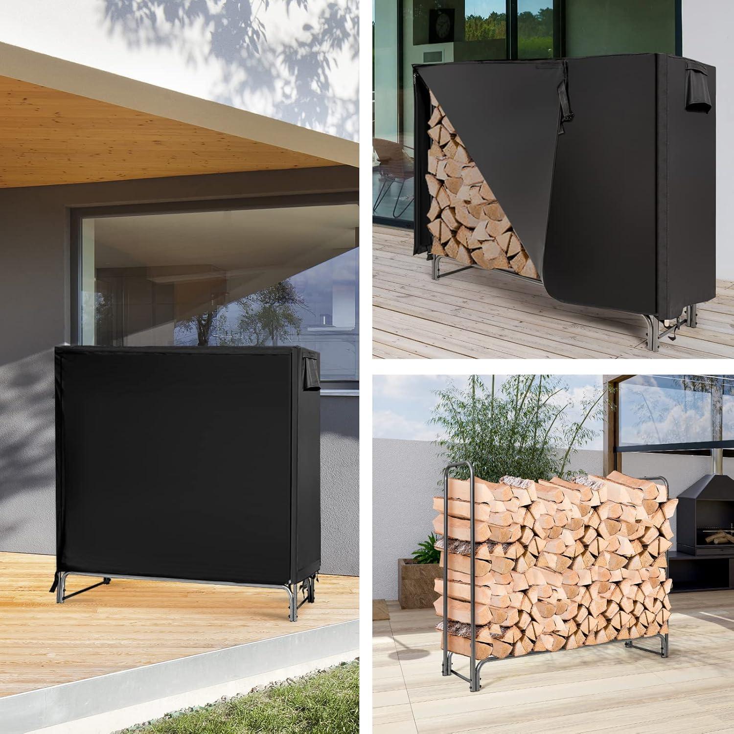 Goplus 5FT Firewood Rack Outdoor with Cover, Heavy Duty Firewood Log Holder, Waterproof Weather Resistant Fire Wood Rack Storage Stacker, Steel Tubular Log Stand for Fireplace, Patio, Courtyard