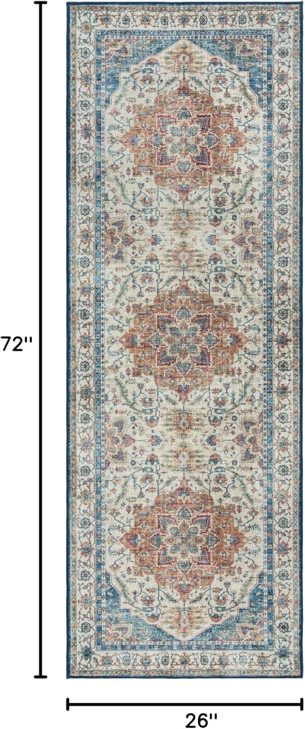 Gertmenian Crystal Print Tiefi Blue Red Multi Traditional Medallion Washable Flat Pile Indoor Area Rug