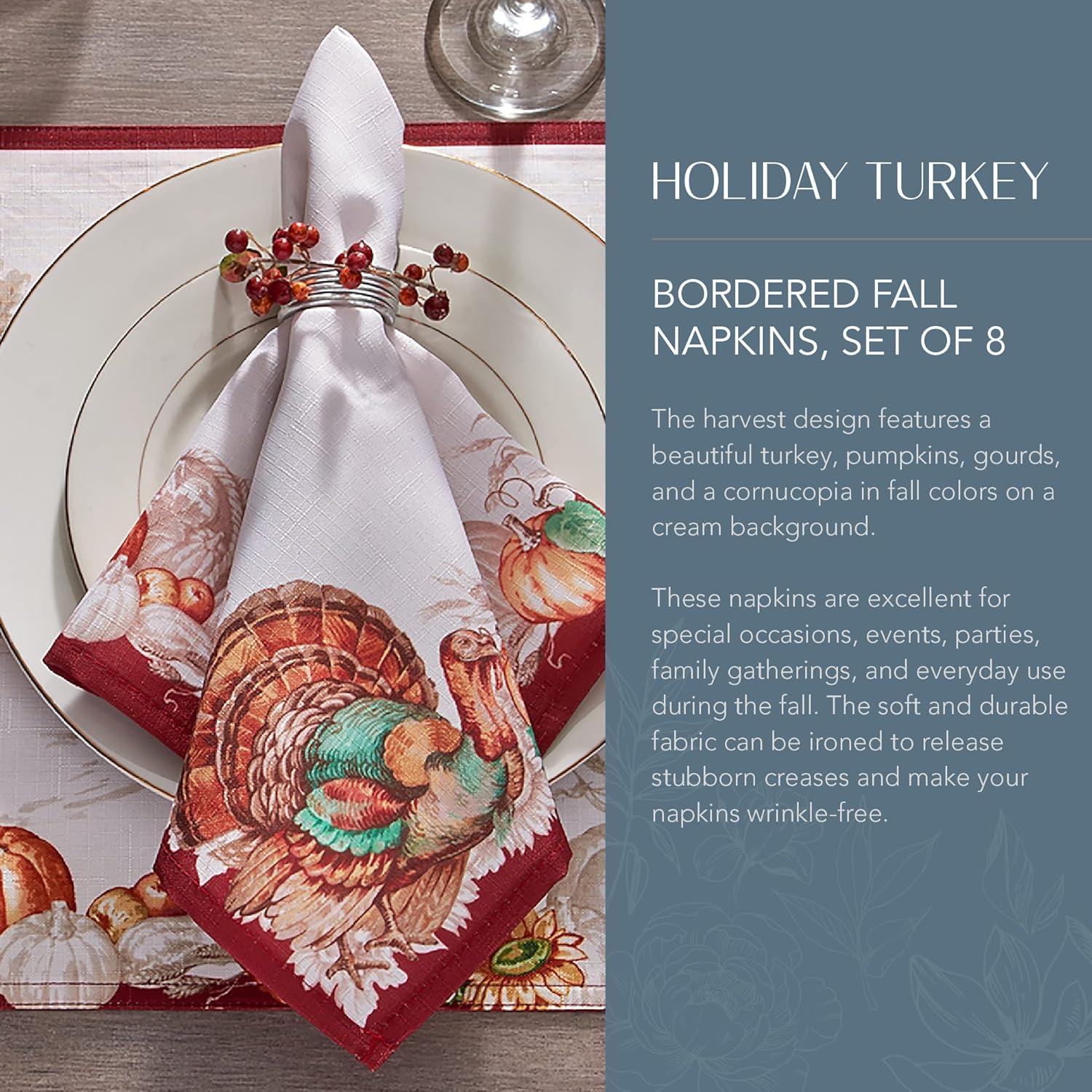 Holiday Turkey Bordered Fall Napkins, Set of 8 - 17" x 17" - White/Red - Elrene Home Fashions