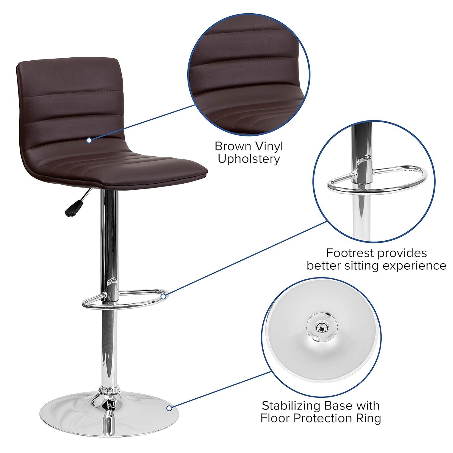 Flash Furniture Modern Brown Vinyl Adjustable Bar Stool with Back, Counter Height Swivel Stool with Chrome Pedestal Base